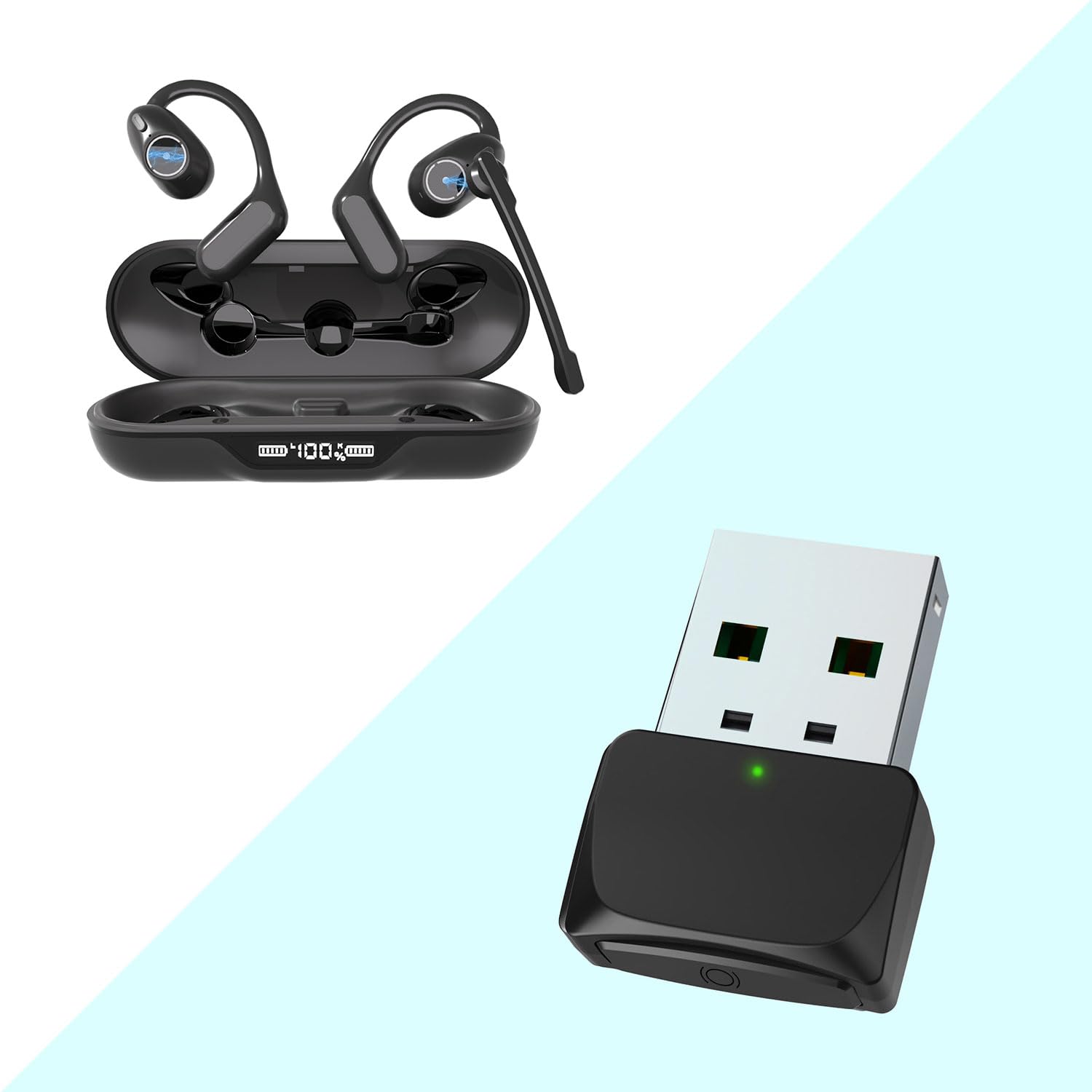 iDIGMALL A2 Open Ear Bluetooth Headset with U2 USB Dongle - Wireless Earbuds with Noise Canceling Detachable Mic & 60H Charging Case for Office, Home, Work, Driving - Perfect for Conference Calls, Remote Work & Commuting