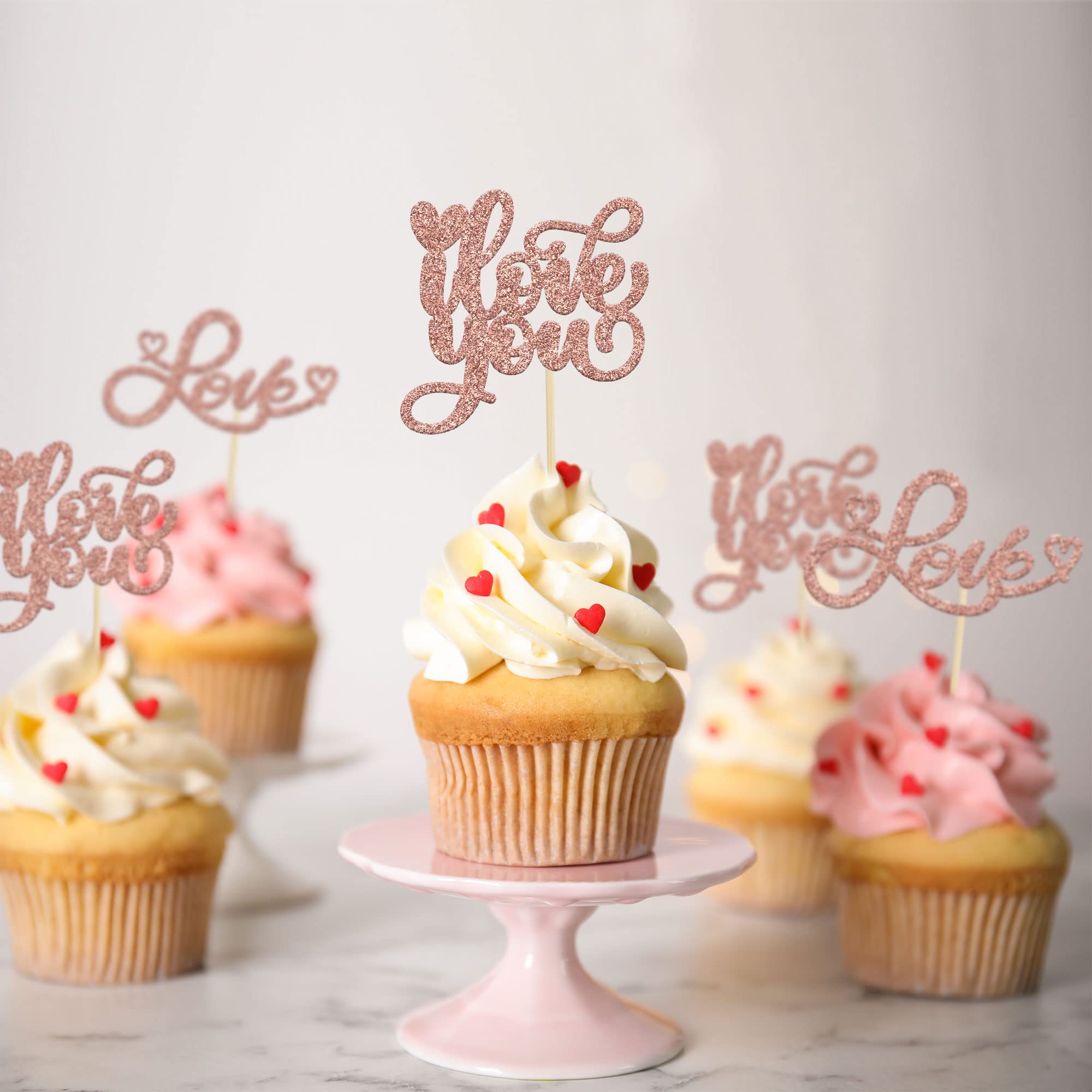 24Pcs Valentine's Day Cupcake Toppers - Glitter Sweet Love Cake Decorations for Wedding, Engagement, Bridal Shower & Birthday Parties (Rose Gold) | Romantic I Love You Cupcake Picks for Valentine's Theme Celebrations