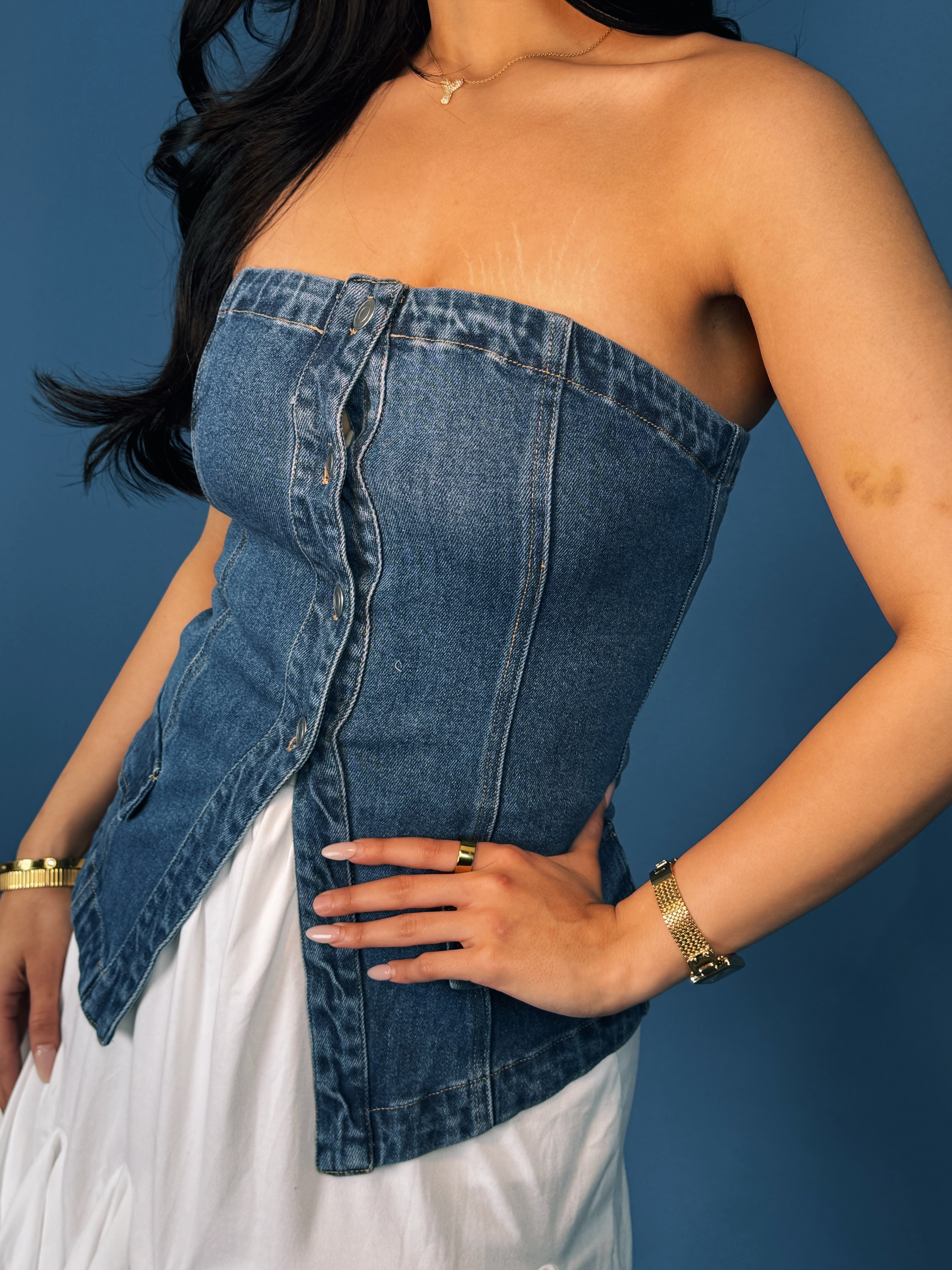 Skyline Stitch Denim Tube Top for Women - Stretchy Fashion Crop Top, Summer Streetwear, Casual Outfits & Music Festivals