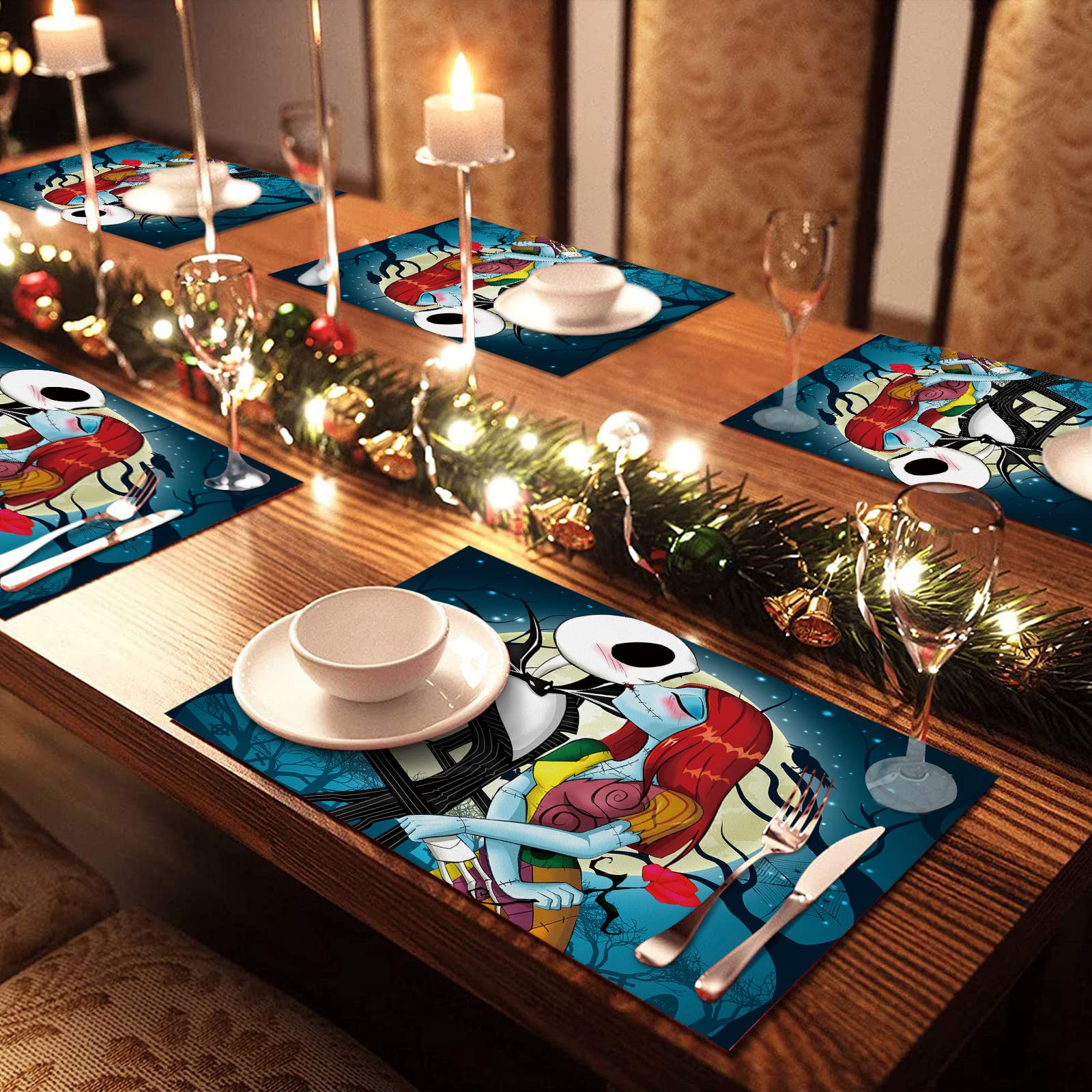 4Pcs Christmas Placemats Set - Skellington Jack and Sally Themed, Heat Resistant & Washable Table Mats for Kitchen Dining - Perfect for Holiday Decorations, Dinner Parties & Nightmare Before Christmas Fans