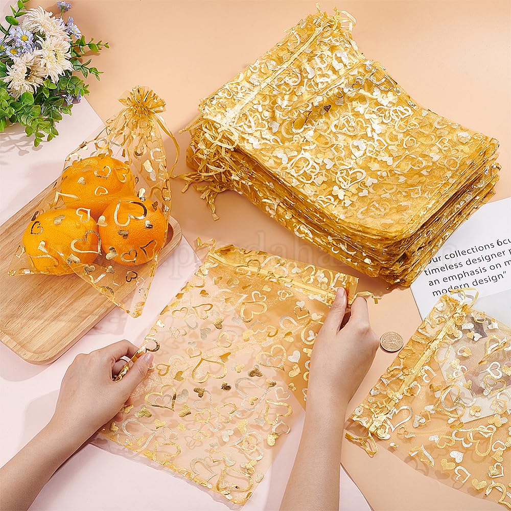 Premium Printed Organza Gift Bags - 25-Pack Golden Drawstring Pouches for Weddings, Jewelry, Party Favors & Special Occasions | Elegant Return Gift Packaging Solution
