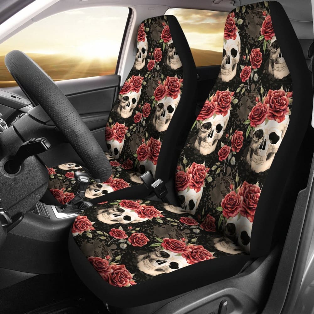 2 Pcs Floral Sugar Skull Car Seat Covers - Day of The Dead Mexican Style Decor for Cars, Trucks & SUVs - Perfect for Halloween, Dia de Muertos & Themed Parties