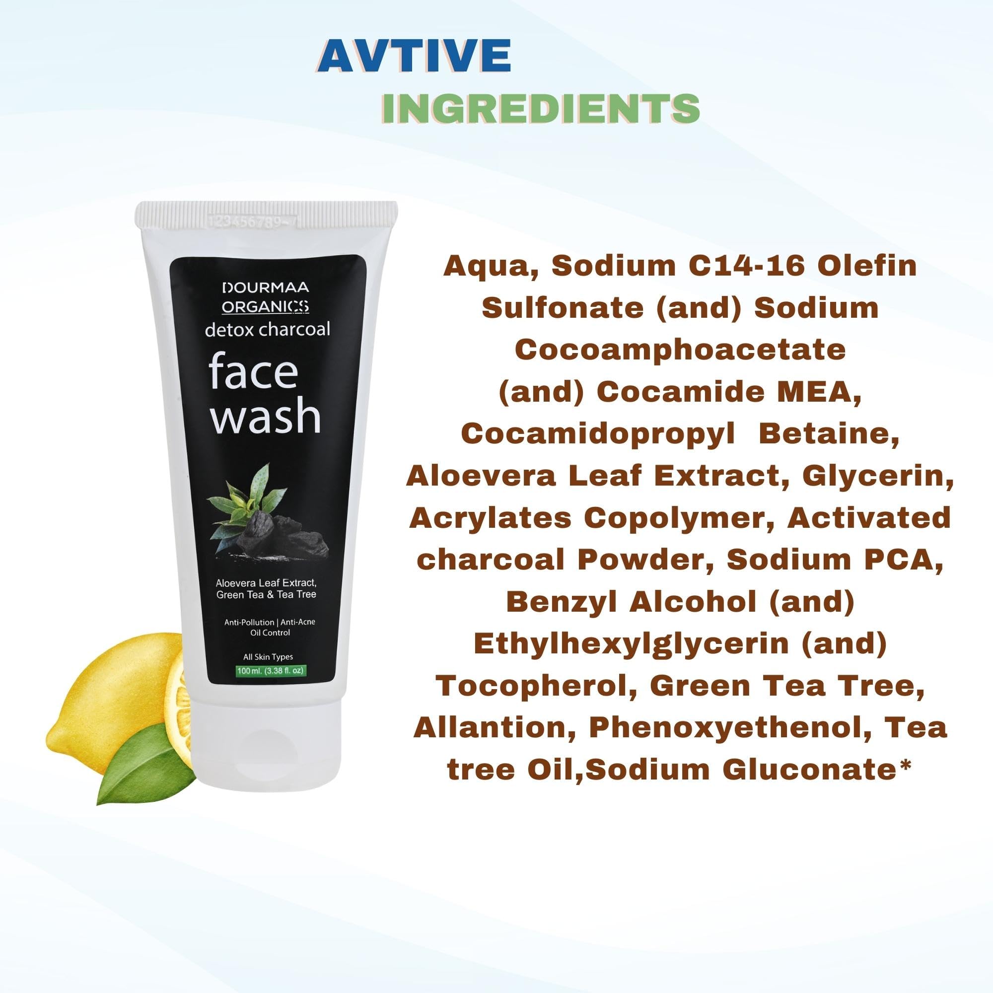 Dourmaa Organics Detox Activated Charcoal Face Wash with Vitamin C, Green Tea & Tea Tree - Anti Acne, Oil Control & Pollution Protection - Aloe Vera Extract - Unisex 100ml (Pack of 1) - Perfect for Daily Skincare Routine & Deep Cleansing