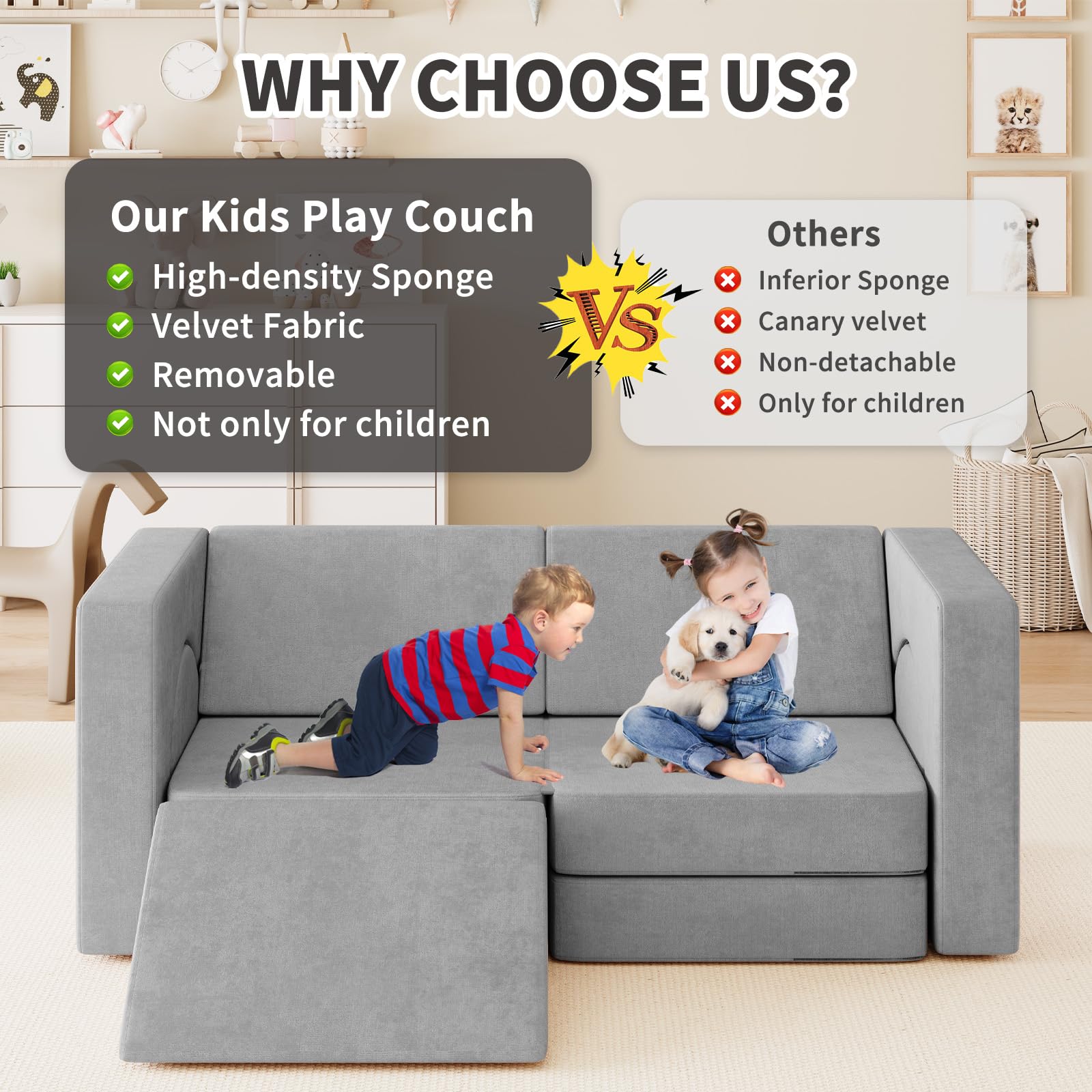 10PCS Modular Kids Play Couch - 10-in-1 Toddler Sofa with Climbing Slope for Boys & Girls | Creative Play, Climbing, Napping & Indoor Activities | Durable Gray Children's Furniture for Playroom, Bedroom & Daycare