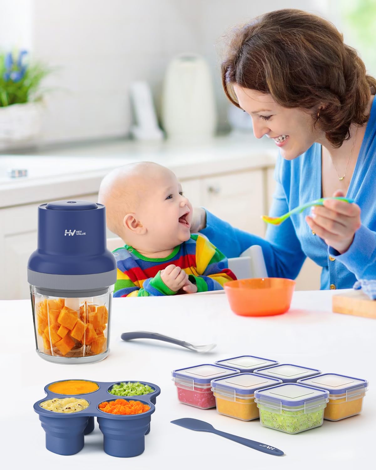 HEYVALUE 13-in-1 Baby Food Maker & Processor Set - Steam, Blend & Puree Fruits, Vegetables & Meat - Includes Baby Food Containers, Freezer Trays, Silicone Spoons & Spatula (Dark Blue) - Perfect for Homemade Baby Purees & Toddler Meals