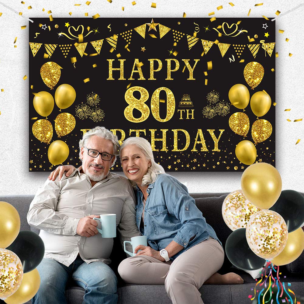 Trgowaul 80th Birthday Backdrop - Gold & Black 5.9x3.6ft Photography Background for Women & Men - Perfect for Birthday Party Decorations, Photo Shoots & Milestone Celebrations