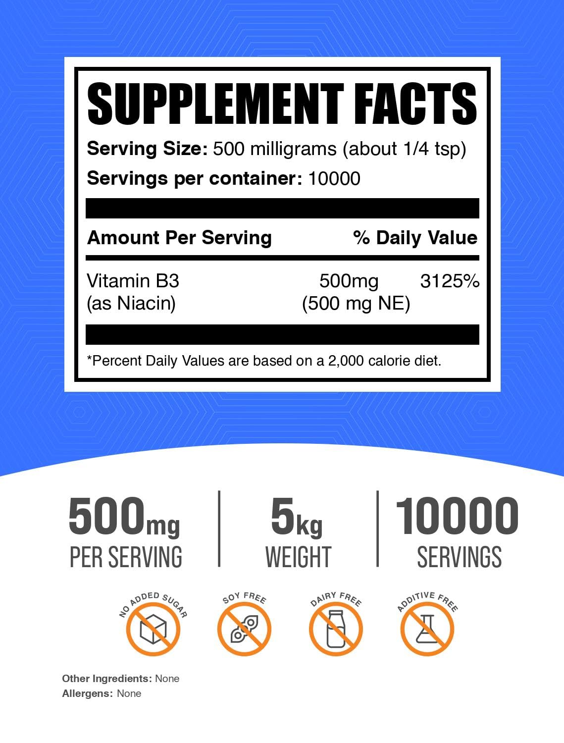 BulkSupplements Pure Niacin Powder 500mg - Vitamin B3 Supplement for Energy & Metabolism - Gluten Free, Non-GMO, 5kg (11 lbs) Pack of 5 - Supports Cardiovascular Health & Skin Care - Perfect for Smoothies, Baking & DIY Skincare