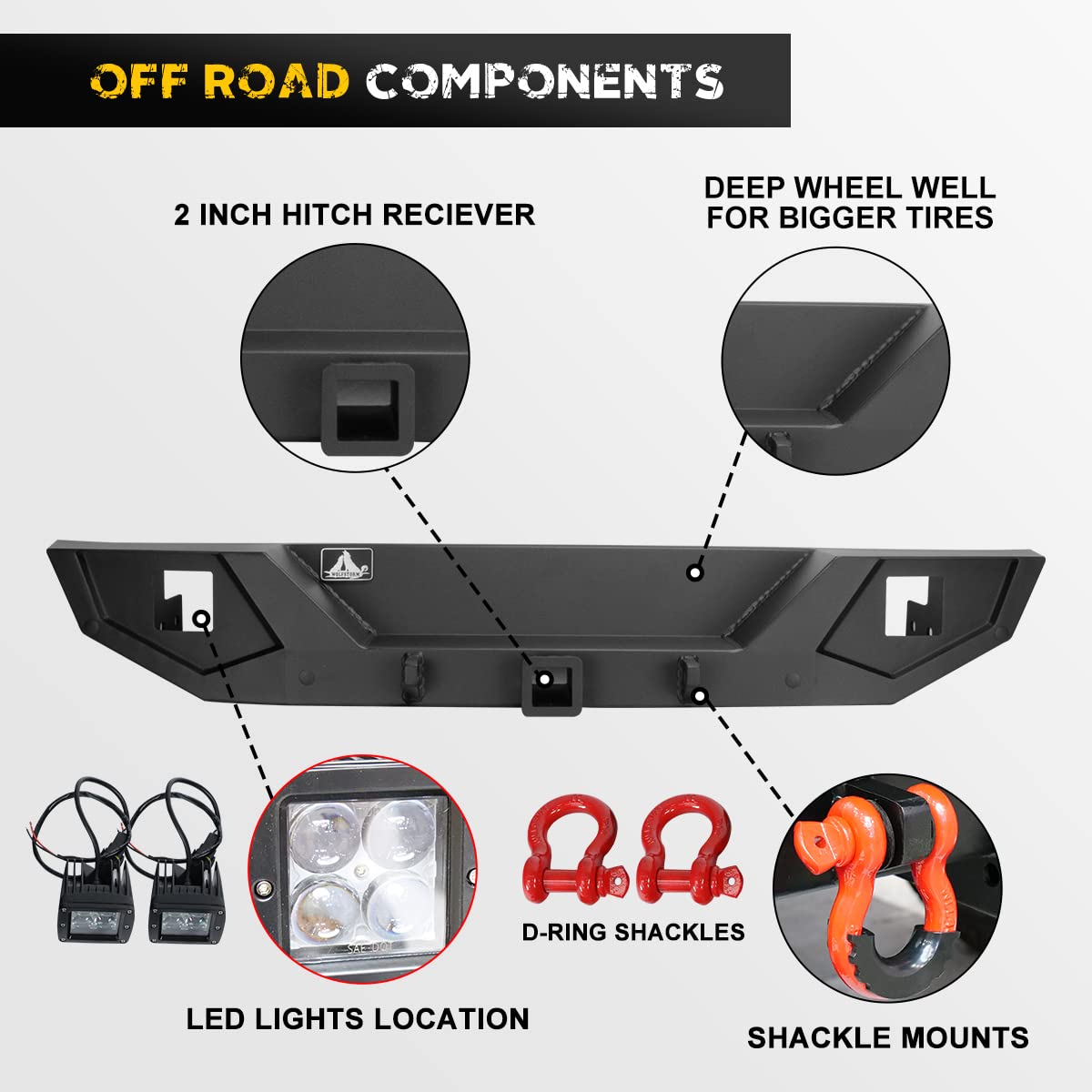 HAWKLEY Heavy Duty Rock Crawler Rear Bumper for 2007-2018 Jeep Wrangler JK & JKU (2/4 Door) - Off-Road Bumper with Hitch Receiver, 2x LED Lights & D-Ring Mounts | Perfect for Trail Riding, Rock Crawling & Overland Adventures