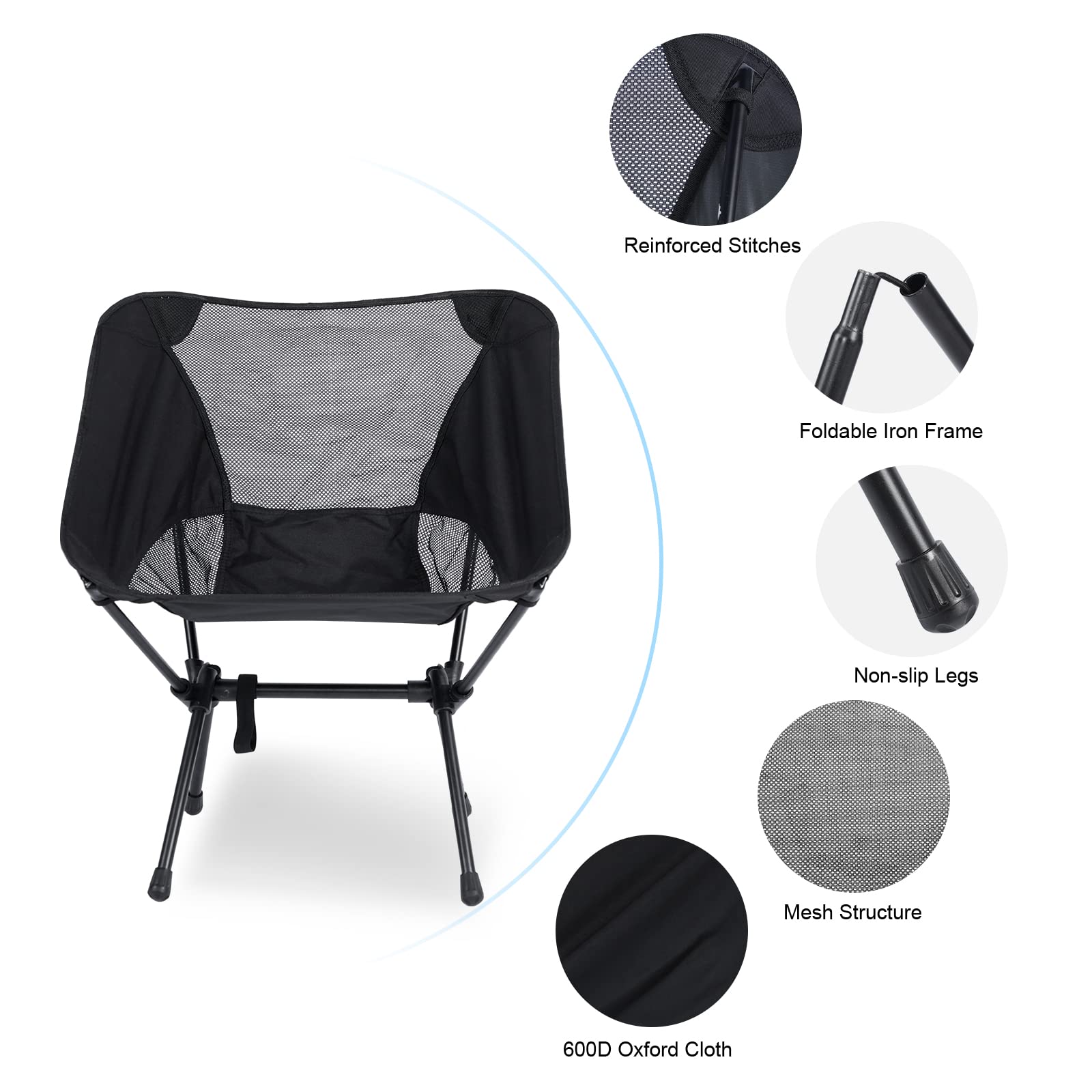 Ultralight Folding Camping Chair - Portable Backpacking Chair for Hiking & Outdoor Adventures - Compact Travel Chair with 176 lbs Capacity & Breathable Mesh Fabric (Black) - Perfect for Camping, Picnics, Beach Trips & Backyard Relaxation