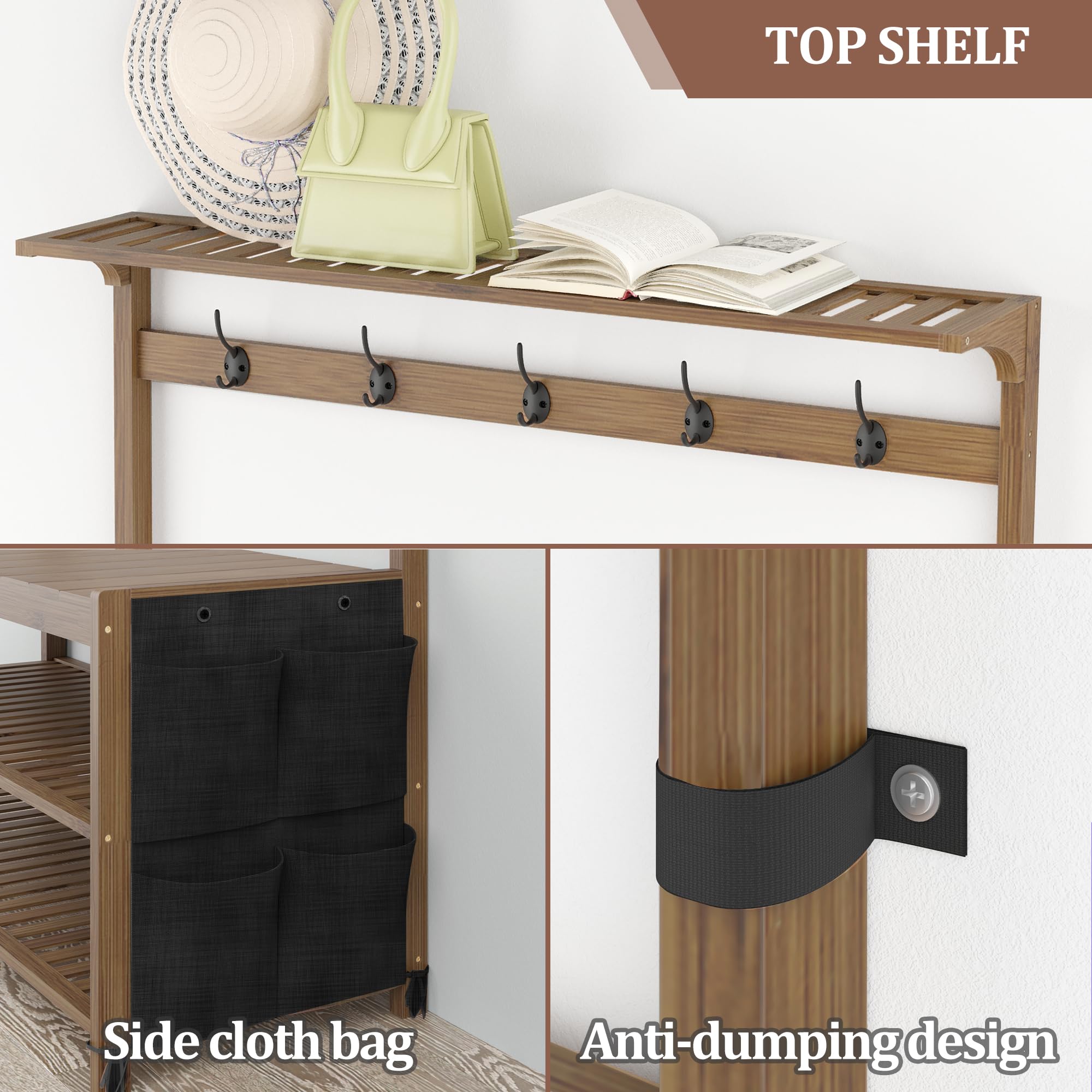 AMBIRD 6-in-1 Hall Tree with Bench, Shoe Storage & Coat Rack - Sturdy Bamboo Entryway Organizer with 14 Hooks & Cloth Bag, Large Size (39