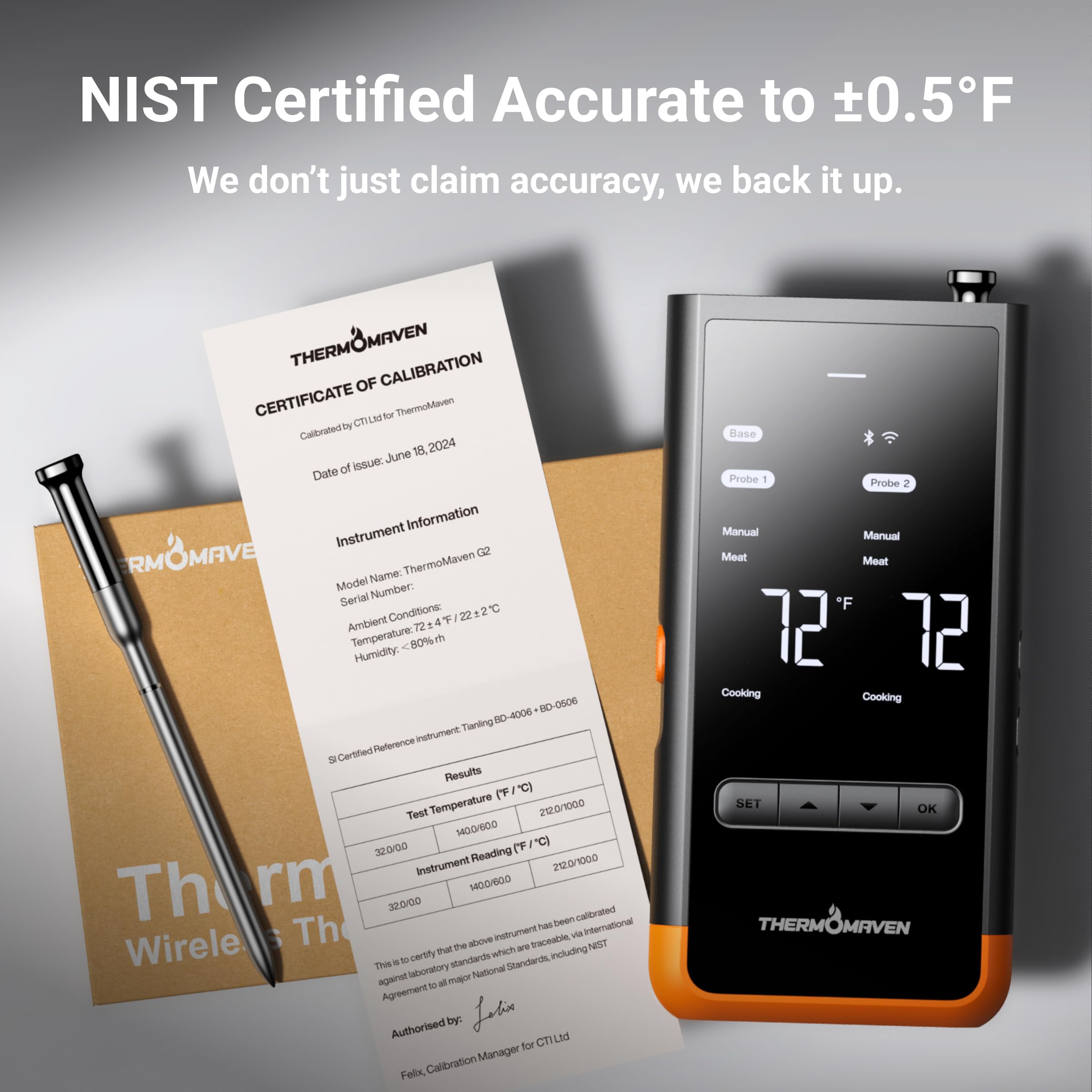 Wireless Bluetooth Smart Meat Thermometer with 6 Sensors - NIST Certified Accuracy, 2 Probes, WiFi & Sub-1G Connectivity for BBQ, Grill, Oven, Smoker, Rotisserie | Perfect for Outdoor Cooking, Home Kitchen & Professional Chefs