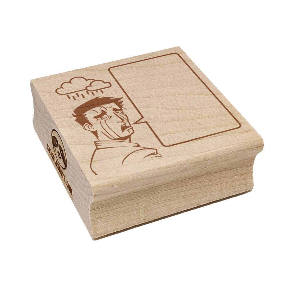Sad Crying Anime Man with Empty Speech Bubble - 1.25 Inch Square Rubber Stamp for DIY Scrapbooking, Card Making & Journaling - Japanese Manga Style Craft Stamp for Planners and Art Projects