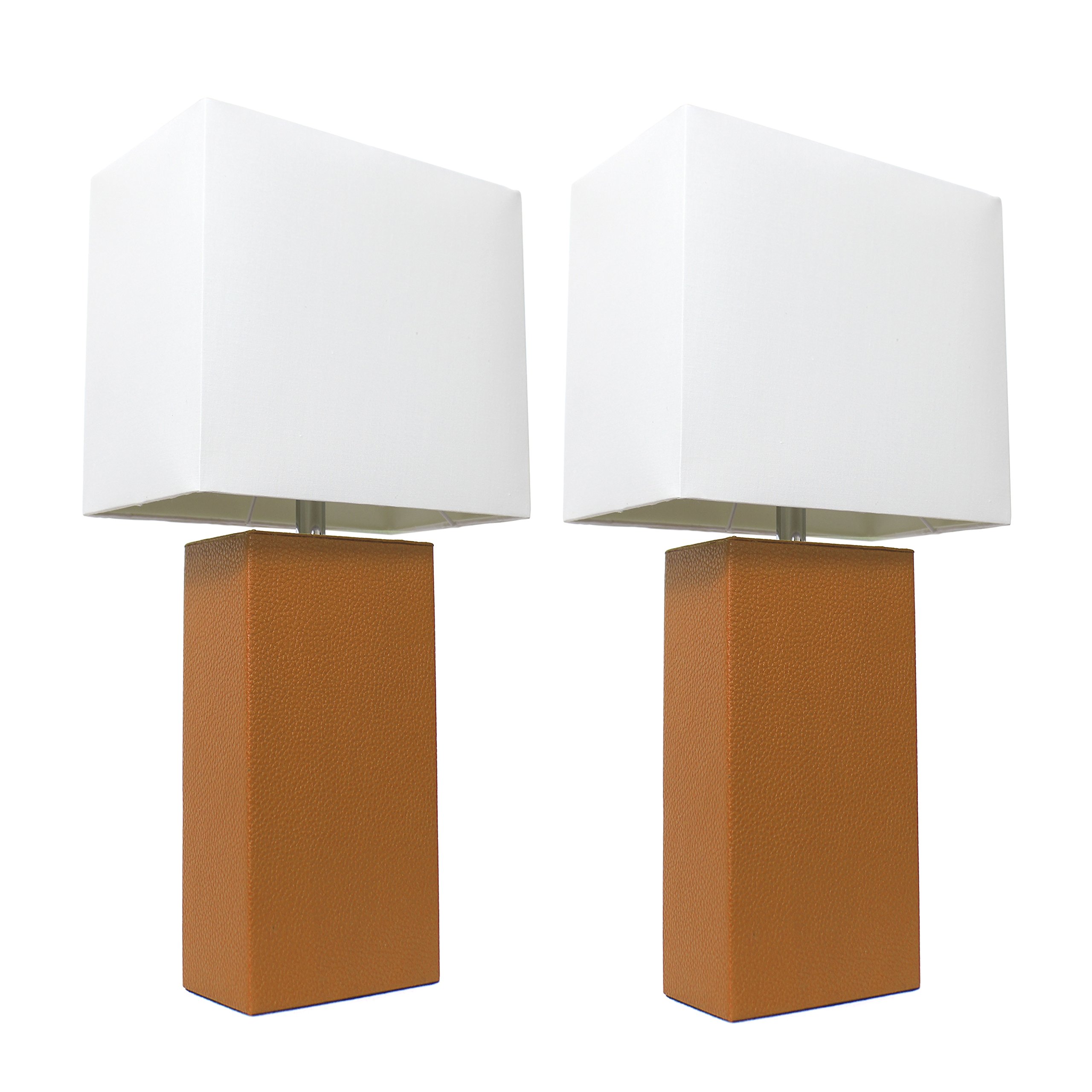 Modern Tan Leather Table Lamps with White Fabric Shades - Set of 2, Contemporary Bedside Lighting for Bedroom, Living Room, or Office Decor