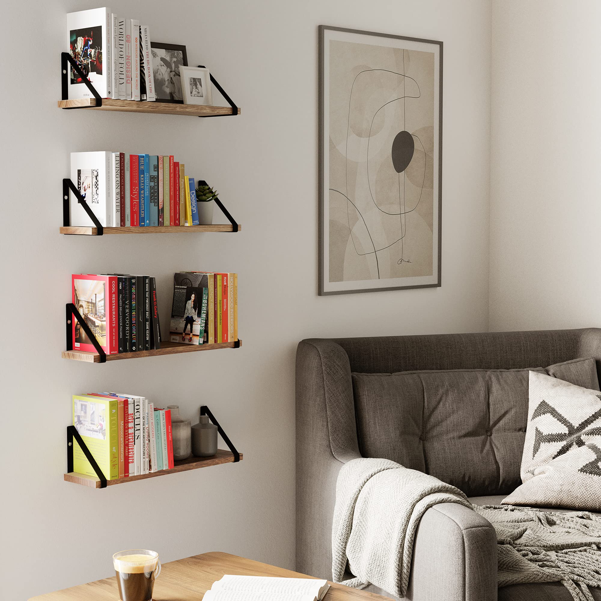 Wallniture Ponza Floating Shelves Set of 4 - Rustic Wood Wall Shelves with Metal Brackets for Bedroom, Bathroom, Living Room & Kitchen Decor | Perfect for Displaying Books, Plants & Home Decor Items