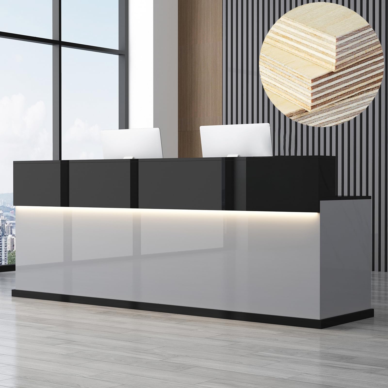 Modern Reception Desk with Counter - Lockable Drawers, Cabinets & LED Lighting - 63