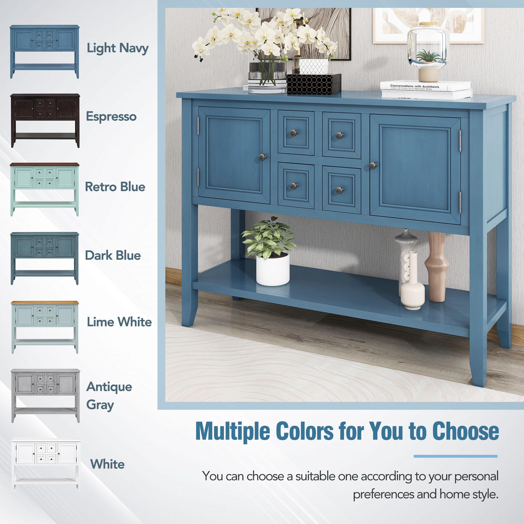 LZ LEISURE ZONE Retro Style Wood Console Table with Storage Cabinet & Drawers - Light Navy Buffet Sideboard with Bottom Shelf for Living Room, Kitchen & Entryway - Perfect for Home Decor, Storage Solutions and Entryway Organization