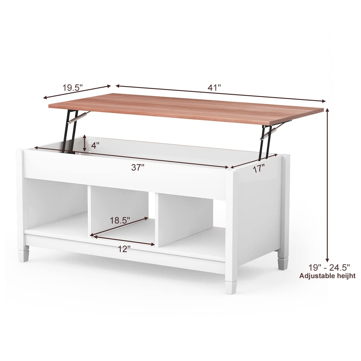 KOTEK Lift Top Coffee Table with Hidden Storage Compartment & Open Shelves - Modern Living Room Lift-Top Table for Small Spaces, Sofa Side Table with Storage - Perfect for Apartments, Studios & Reception Areas (White)