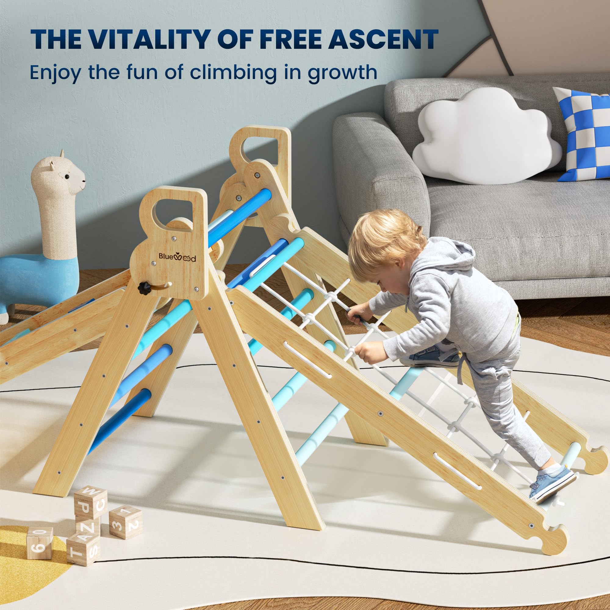 BlueWood 2025 8-in-1 Pikler Triangle Climbing Set - Montessori Toddler Toys, Indoor Baby Jungle Gym Climber with Slide & Ramp, Foldable Wooden Playground for Kids Ages 1-5 Years (Sky Blue) - Perfect for Home Playroom, Daycare & Preschool Activities