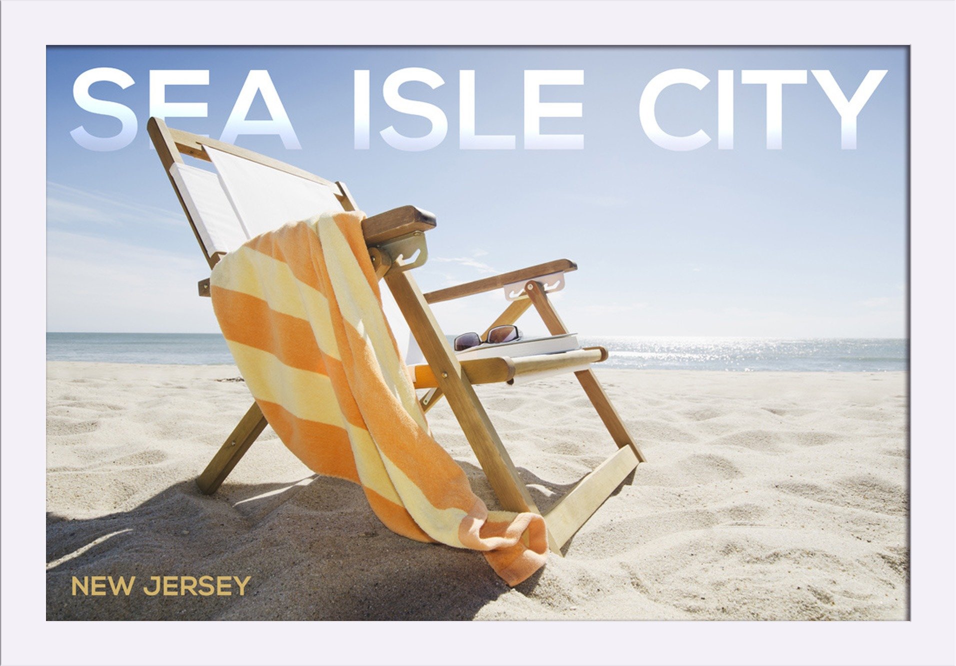 Sea Isle City New Jersey Folding Beach Chair - 16x24 Giclee Fine Art Print with Recycled Wood Frame in White | Perfect for Coastal Home Decor & Beach House Wall Art