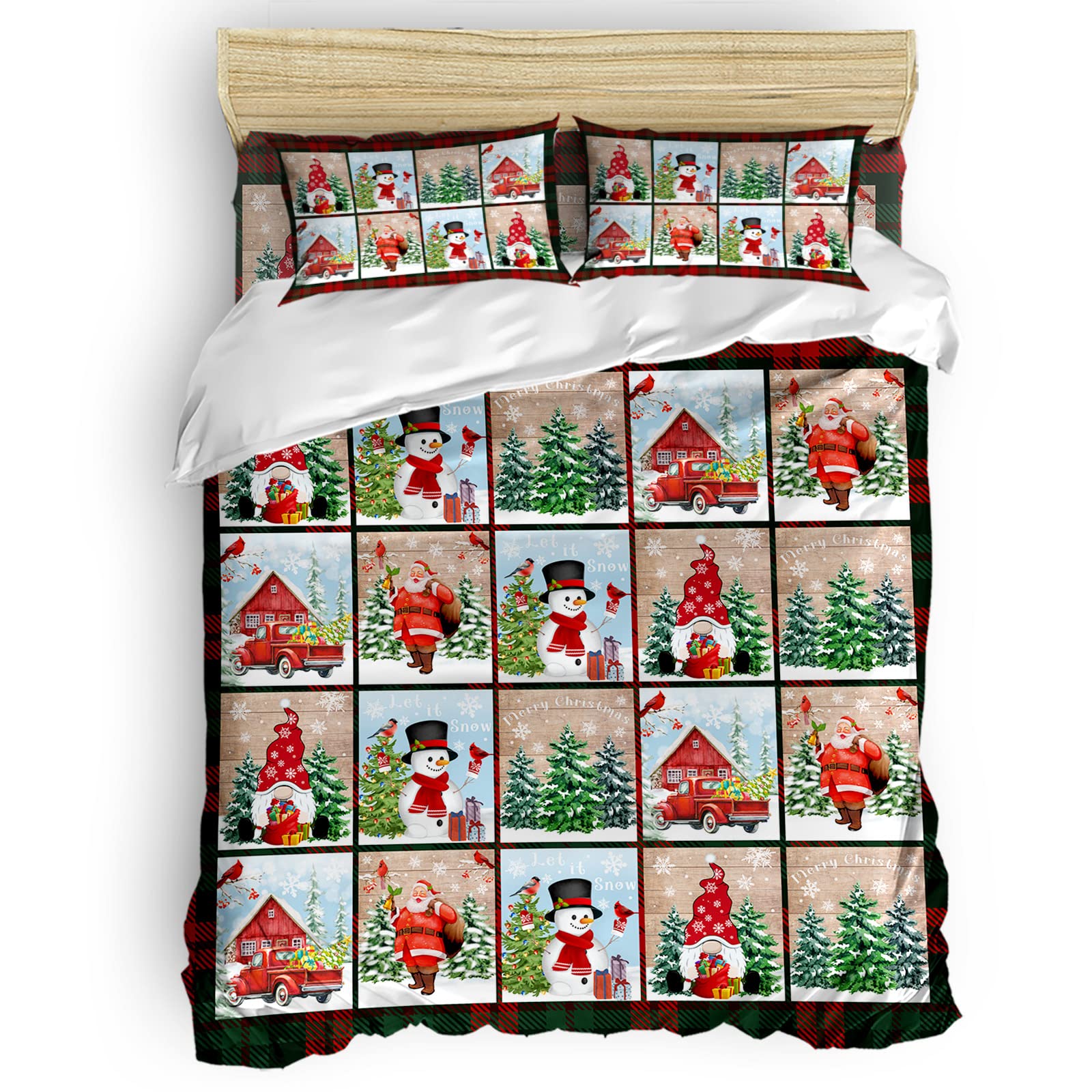 4Pcs Christmas Duvet Cover Set Twin Size - Festive Snowman Gnome Truck Santa Claus Design, Red Green Buffalo Plaid Bedding with Zipper Closure | Cozy Holiday Home Decor for Winter Bedroom & Guest Room