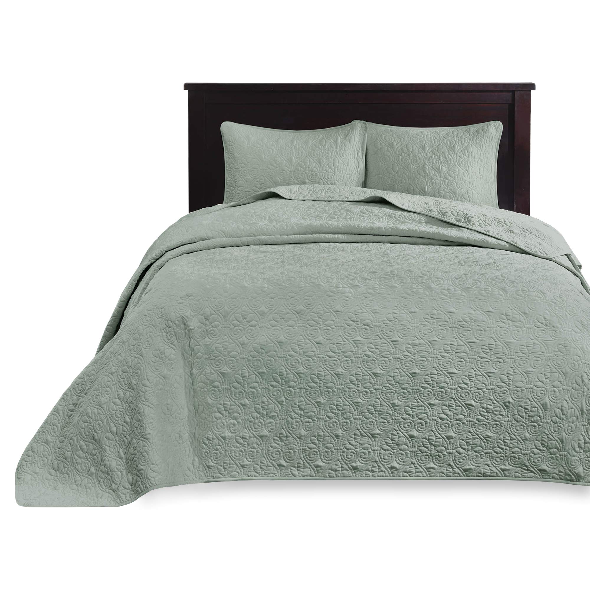 Madison Park Quebec King Size Quilt Set - Ultra Soft Microfiber Bedding, 3-Piece Seafoam Damask Pattern - Perfect for Master Bedroom, Guest Room & Cozy Home Decor