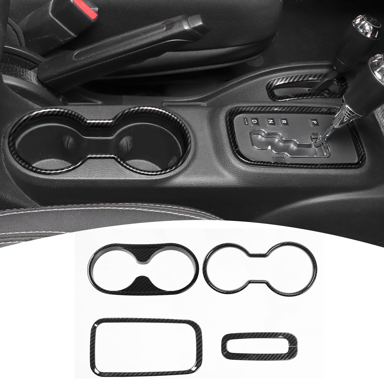Carbon Fiber Cup Holder & Gear Shift Trim Cover for 2011-2017 Jeep Wrangler JK/JKU - Interior Accessories Set (4pcs) - Perfect for Off-Road Adventures & Daily Commuting