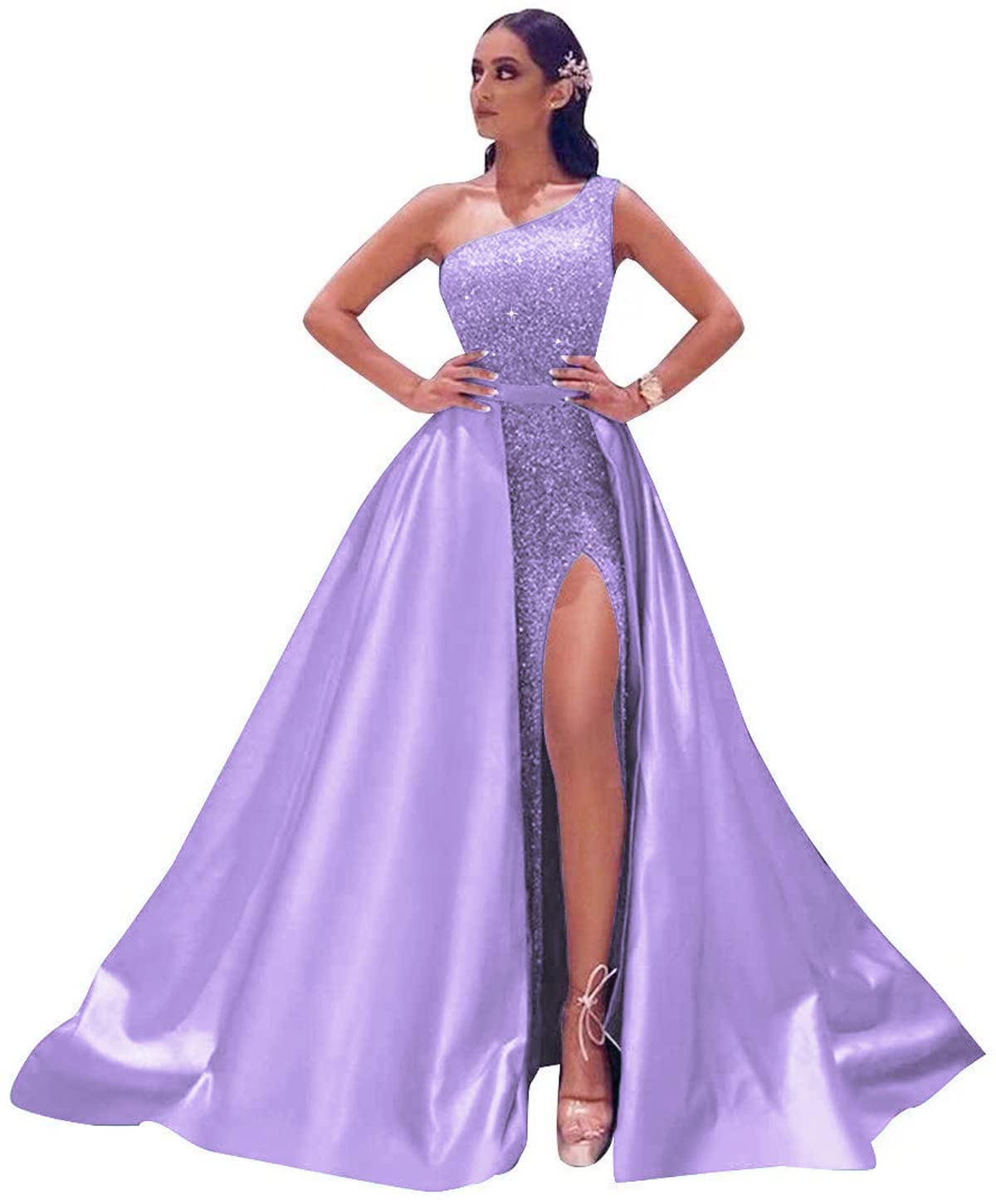 Dymaisei Women's One Shoulder Prom Dress 2022 - Sparkly Sequins Evening Gown with High Slit for Formal Events, Homecoming, Pageants & Special Occasions