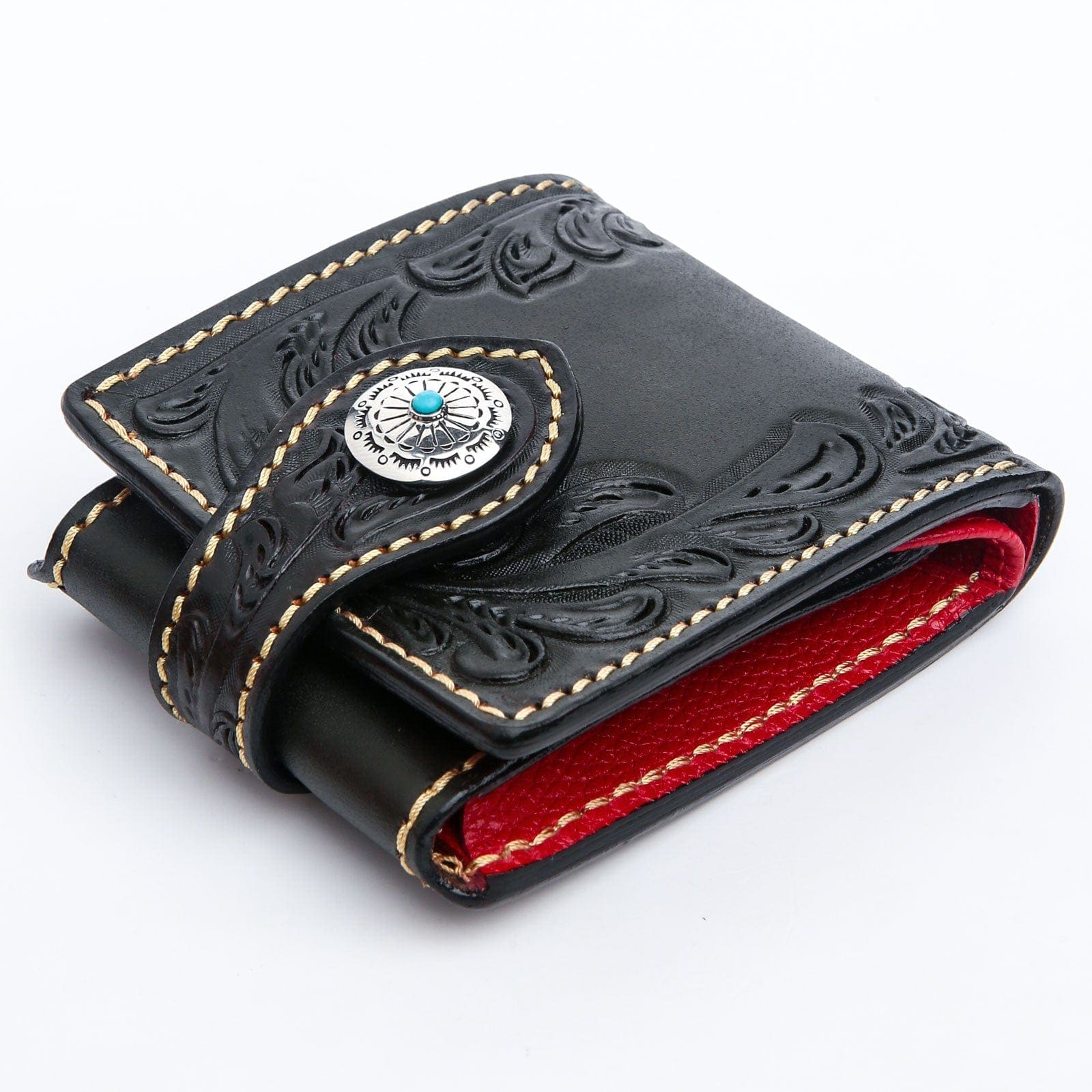 Authentic Leather Turquoise Indian Cowboy Floral Biker Wallet for Men - Handmade Western Style Money Clip Billfold (Perfect for Bikers, Riders & Western Fashion Enthusiasts)