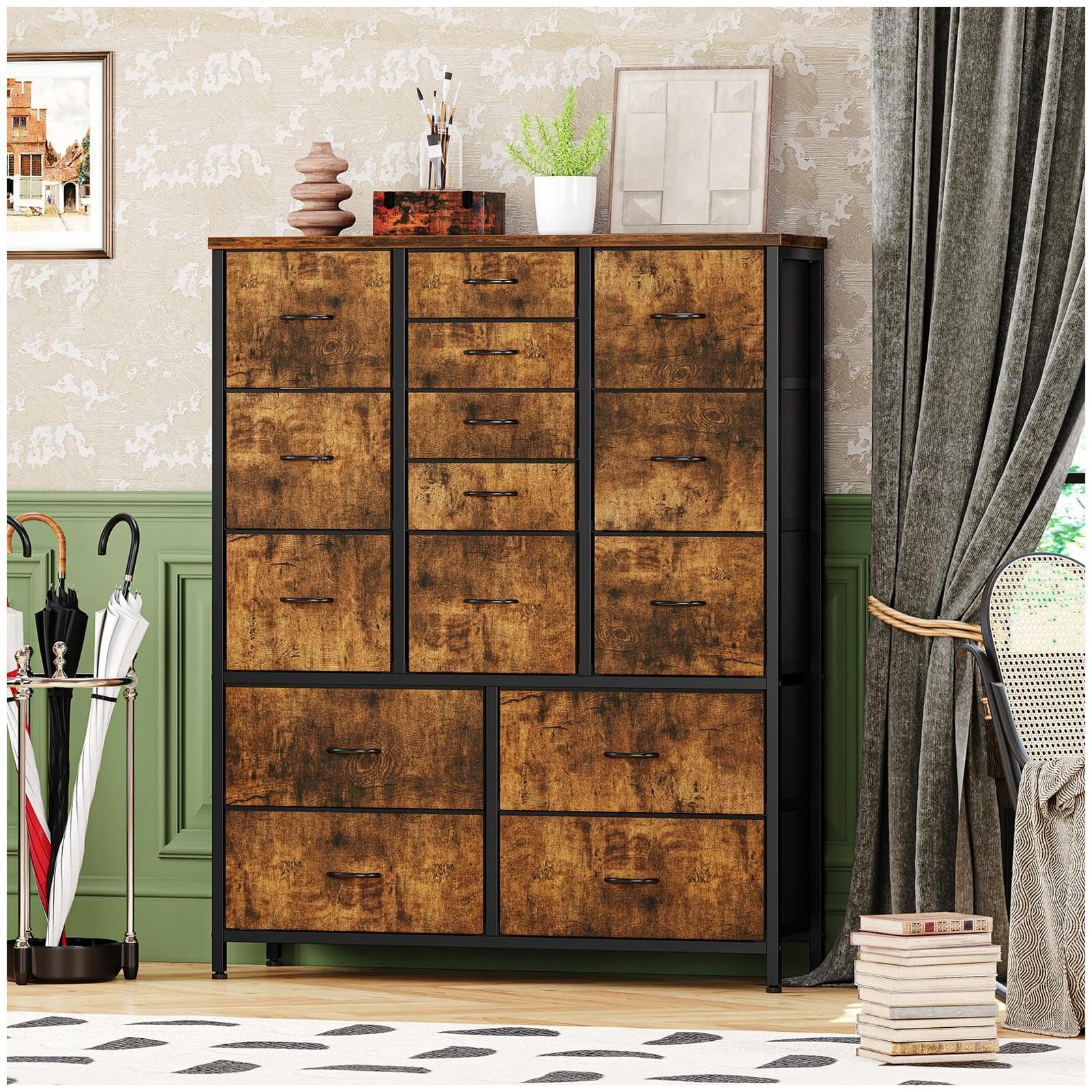 GARVEE 15-Drawer Dresser for Bedroom - Tall Spacious Storage Organizer with Fabric & Metal Frame, Easy Pull Handles, Rustic Brown Finish - Perfect for Clothes, Toys, and Home Organization