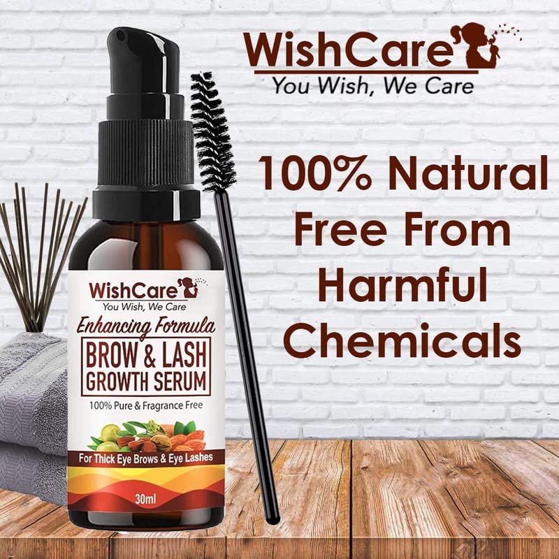 WishCare Brow & Lash Growth Serum with Castor Oil, Almond Oil & Vitamin E - 30ml Natural Eyebrow & Eyelash Enhancer for Thicker, Fuller Lashes & Brows - Perfect for Nighttime Beauty Routine & Daily Use