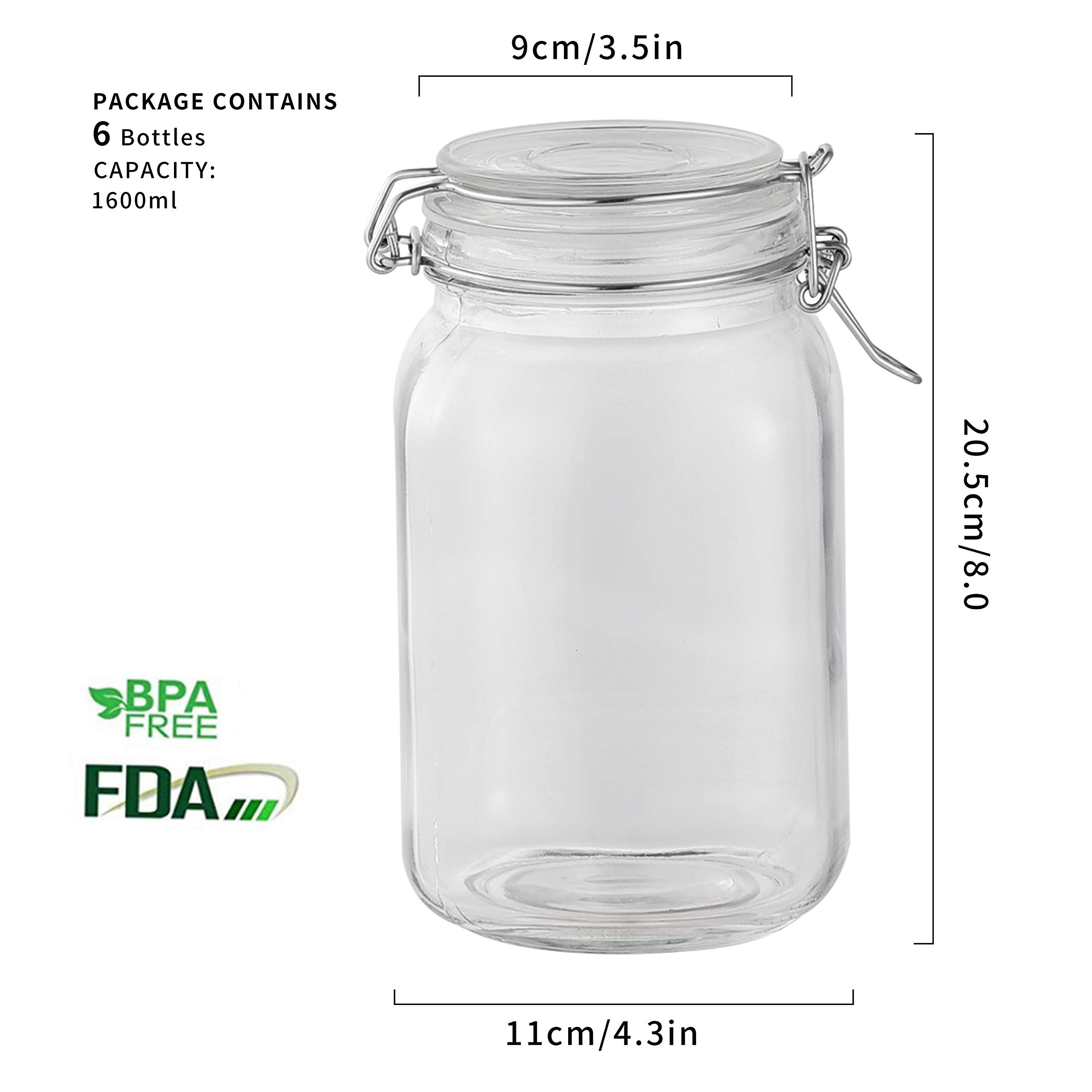 Amisglass 6-Piece 1.6 Liter Airtight Glass Jars with Leak-Proof Rubber Gasket & Hinged Lids - Perfect for Kitchen Pantry Organization, Dry Food Storage, Coffee Beans, Spices, and DIY Mason Jar Crafts
