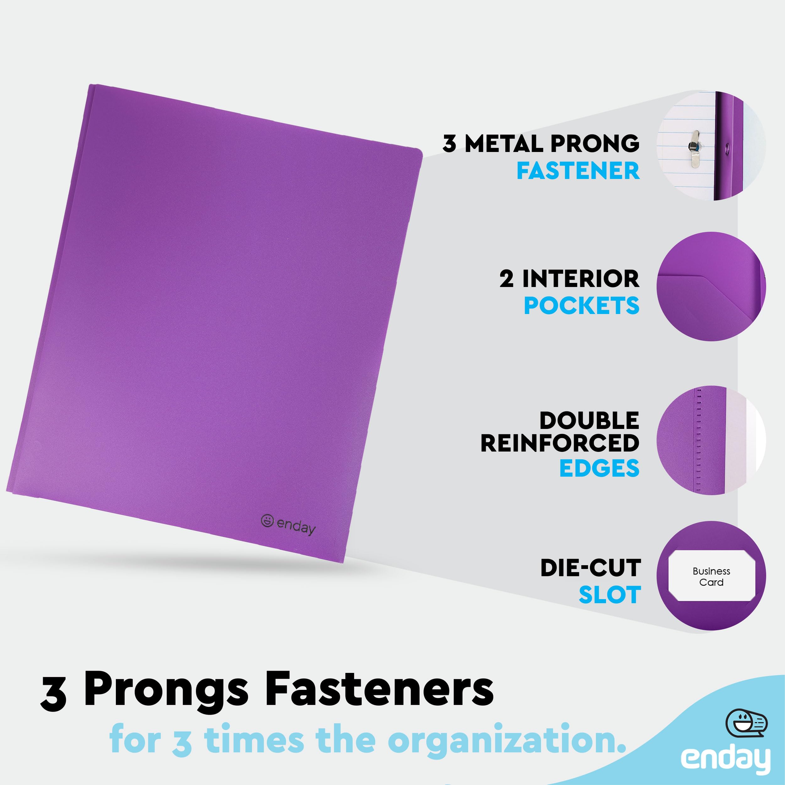 Enday 6-Pack Plastic Folders with Pockets & Prongs - 2-Pocket Folders with Brads for Letter Size Sheets (Purple, Blue, Green, Yellow, Orange, Black) - Perfect for School, Office & Document Organization