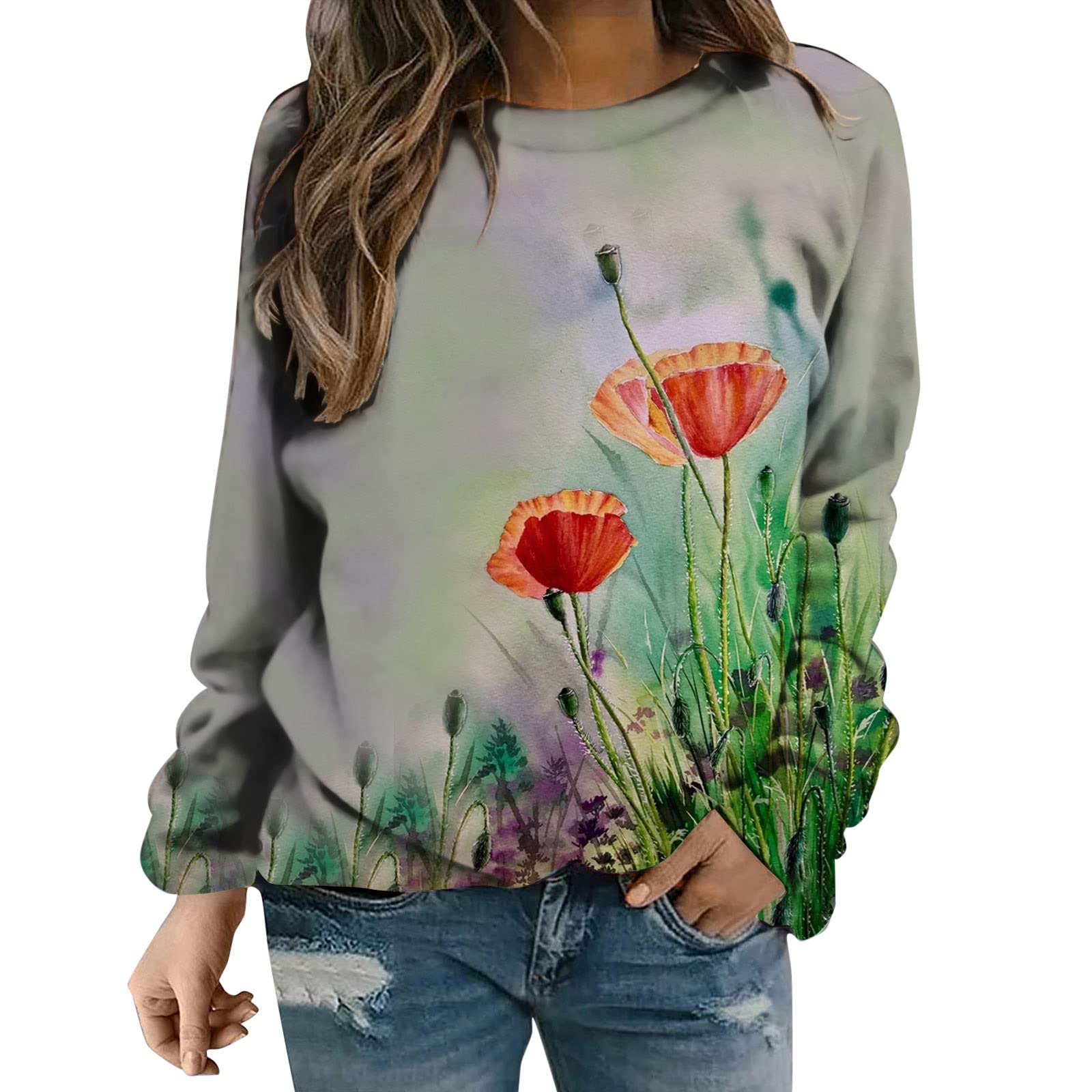 Women's Plus Size Casual Crewneck Sweatshirt - Butterfly Sunflower Print Pullover Tee for Winter | Cozy Lounge Wear & Everyday Outfit Essential