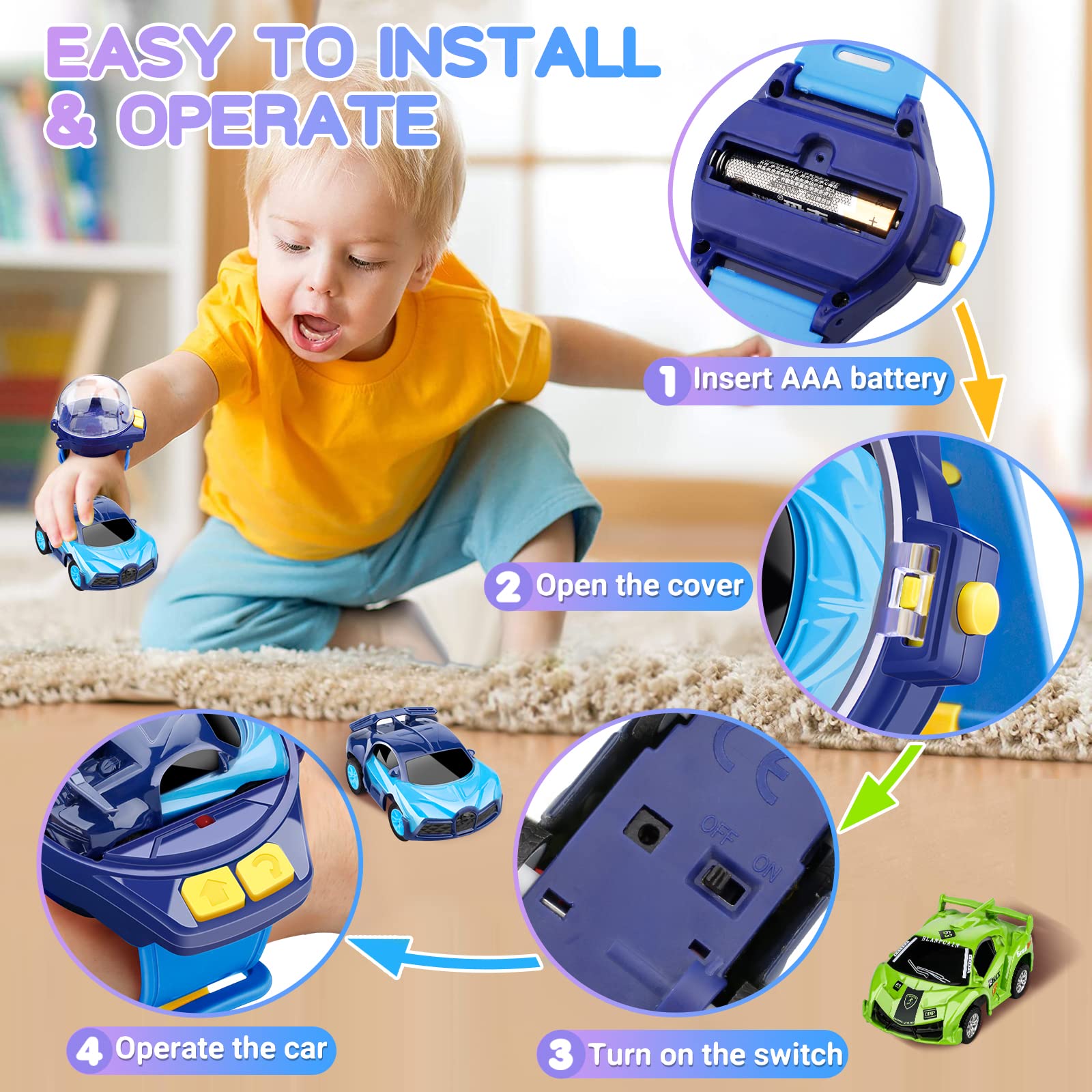 Logoplay 2023 Mini Remote Control Car Watch Toy - 2.4Ghz Cartoon RC Racing Car with USB Charging, Hand Controlled TikTok Watch Car, Fun Birthday Gift for Kids & Adults (Blue) - Perfect for Indoor Racing, Party Favors & Office Stress Relief