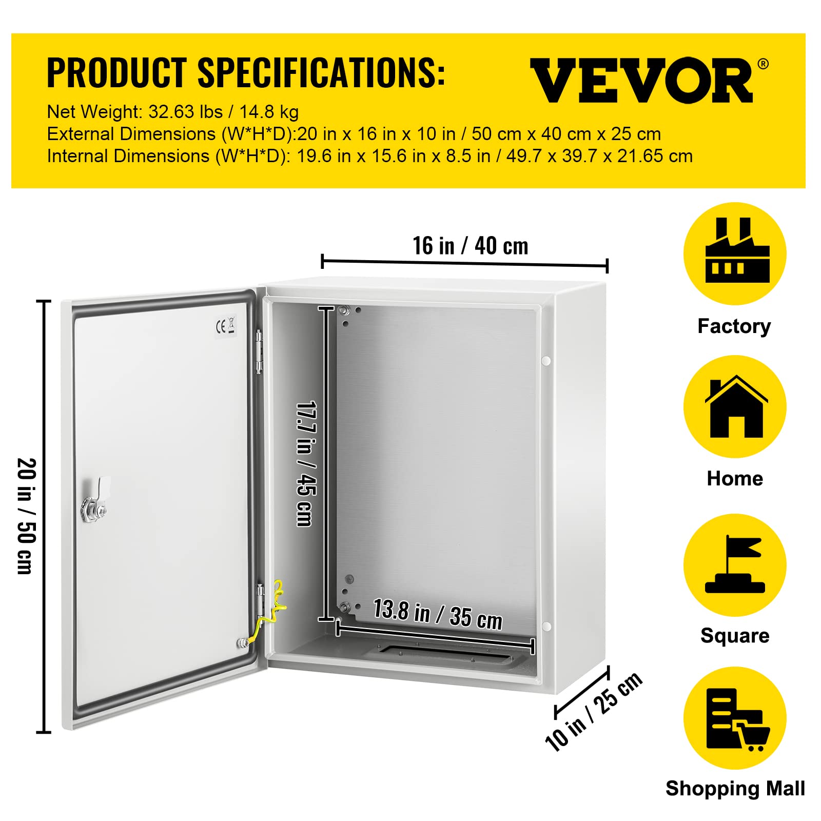 VEVOR 20'' x 16'' x 10'' Carbon Steel Electrical Enclosure Box - IP65 Weatherproof Metal Junction Box with Hinged Lid & Mounting Plate - Wall-Mounted for Outdoor/Indoor Electronic Equipment Protection (Garage, Workshop, Industrial Use)