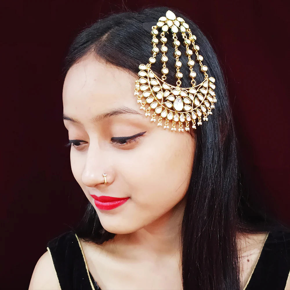 Royal Kundan Jhumar Passa Bridal Hair Accessory - Gold Plated Designer Headpiece for Weddings & Indian Festivals (D15) | Perfect for Brides, Mehendi & Sangeet Ceremonies