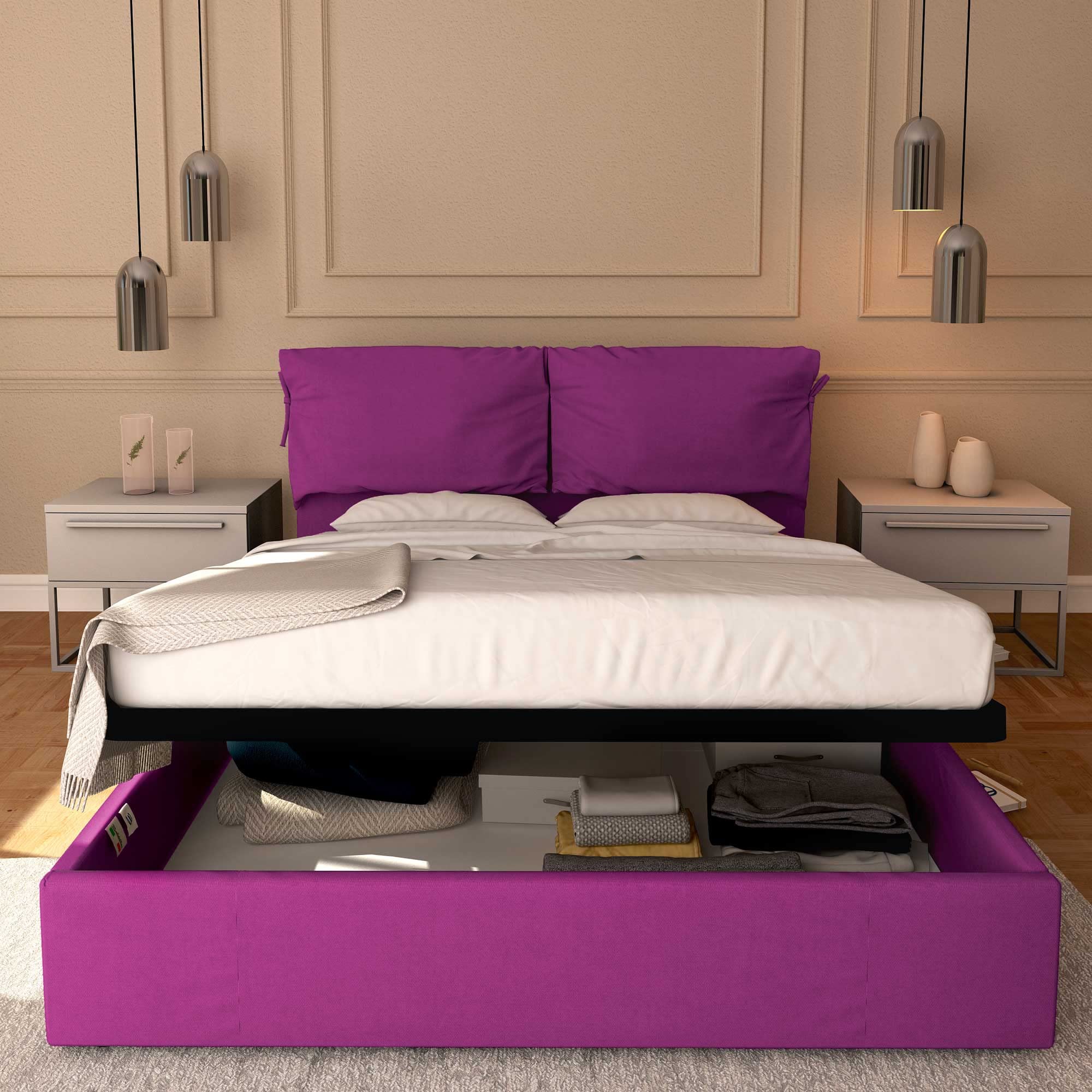 Baldiflex Queen Size Storage Bed with Upholstered Headboard - Licia Soft Fabric Platform Bed Frame, Slatted Base for 140x200cm Mattress, Fuchsia Pink - Perfect for Small Bedrooms & Guest Rooms