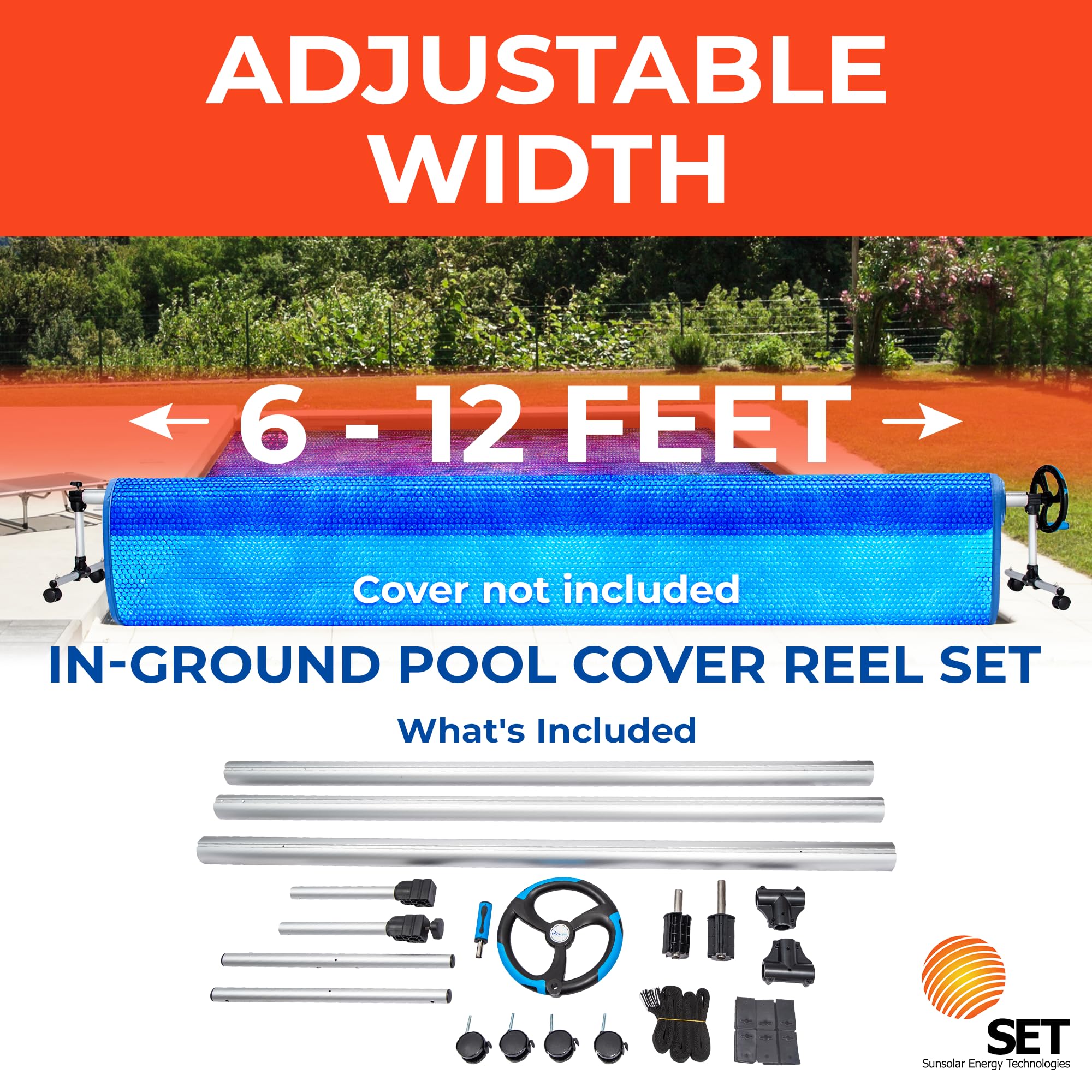 SunSolar In-Ground Pool Cover Reel Set - 3-Piece Aluminum Telescoping Pole with Spinning Reel - Heavy Duty Buckle and Straps for Secure Pool Cover Attachment - Wheeled Base for Easy Moving - 15 Feet - Perfect for Inground Pool Maintenance and Winter Cover Storage