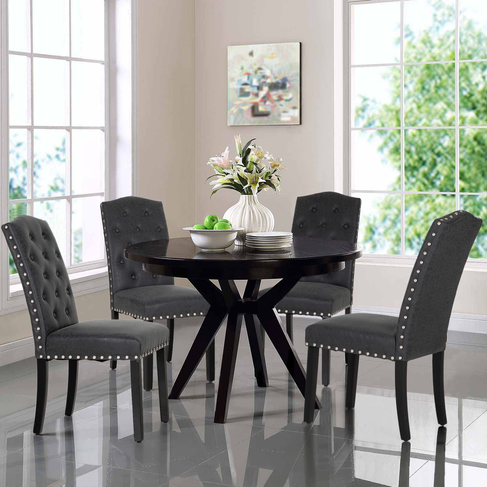 MAISON ARTS Set of 4 Faux Leather Dining Chairs - Upholstered Tufted Modern Kitchen Chairs with Nailhead Trim & Solid Wood Legs - Perfect for Dining Room, Kitchen, Restaurant & Home Decor (Black)