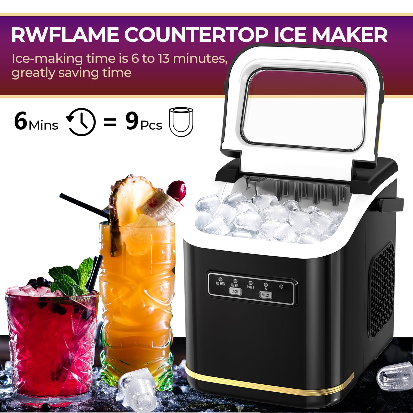 R.W.FLAME Portable Countertop Ice Maker Machine - 9 Bullet Ice Cubes in 6 Minutes, 26.5lbs/24Hrs, Self-Cleaning with Ice Basket & Scoop - Perfect for Home, Office, Kitchen, Bar, Party & Outdoor Use - Black