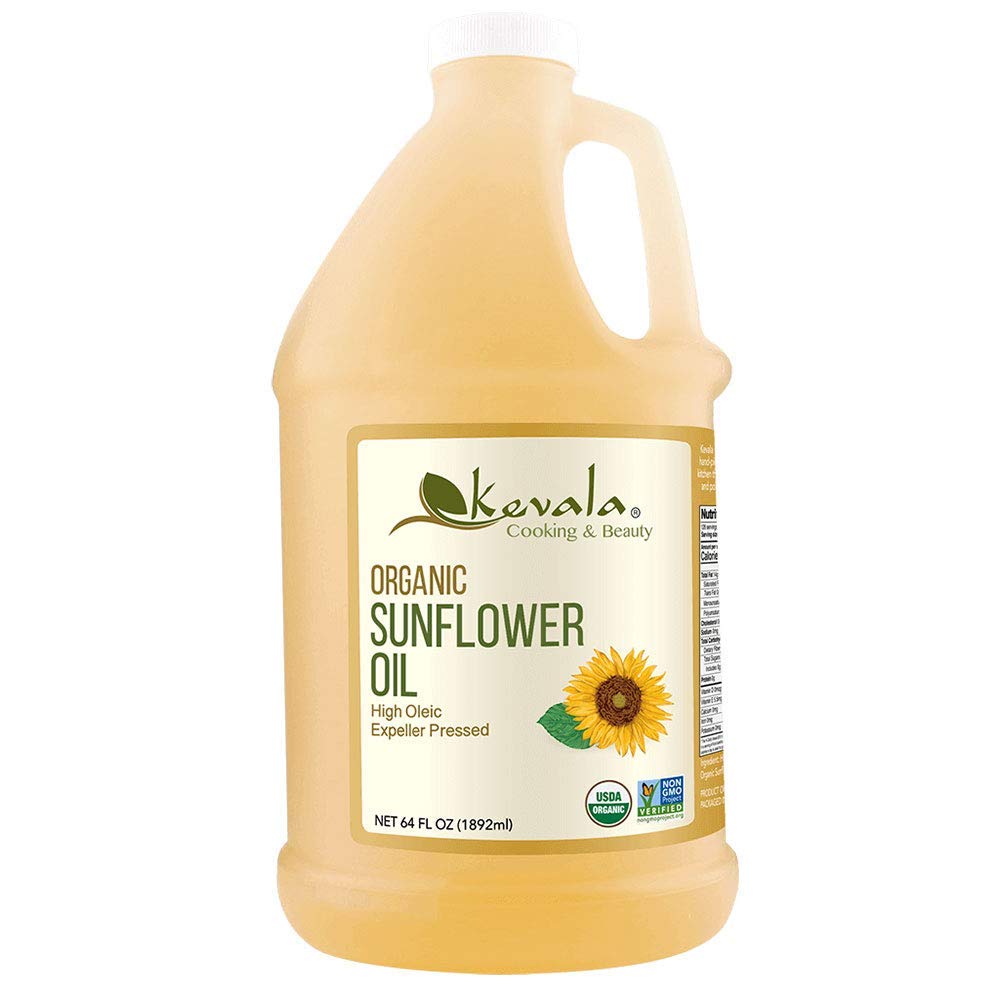 Kevala Organic Sunflower Oil - Cold Pressed, Hexane Free, Non-GMO, Vegan, Kosher, Cholesterol Free - 64 oz for Cooking, Baking, Hair & Skin Care - Rich in Vitamin E & Healthy Fats