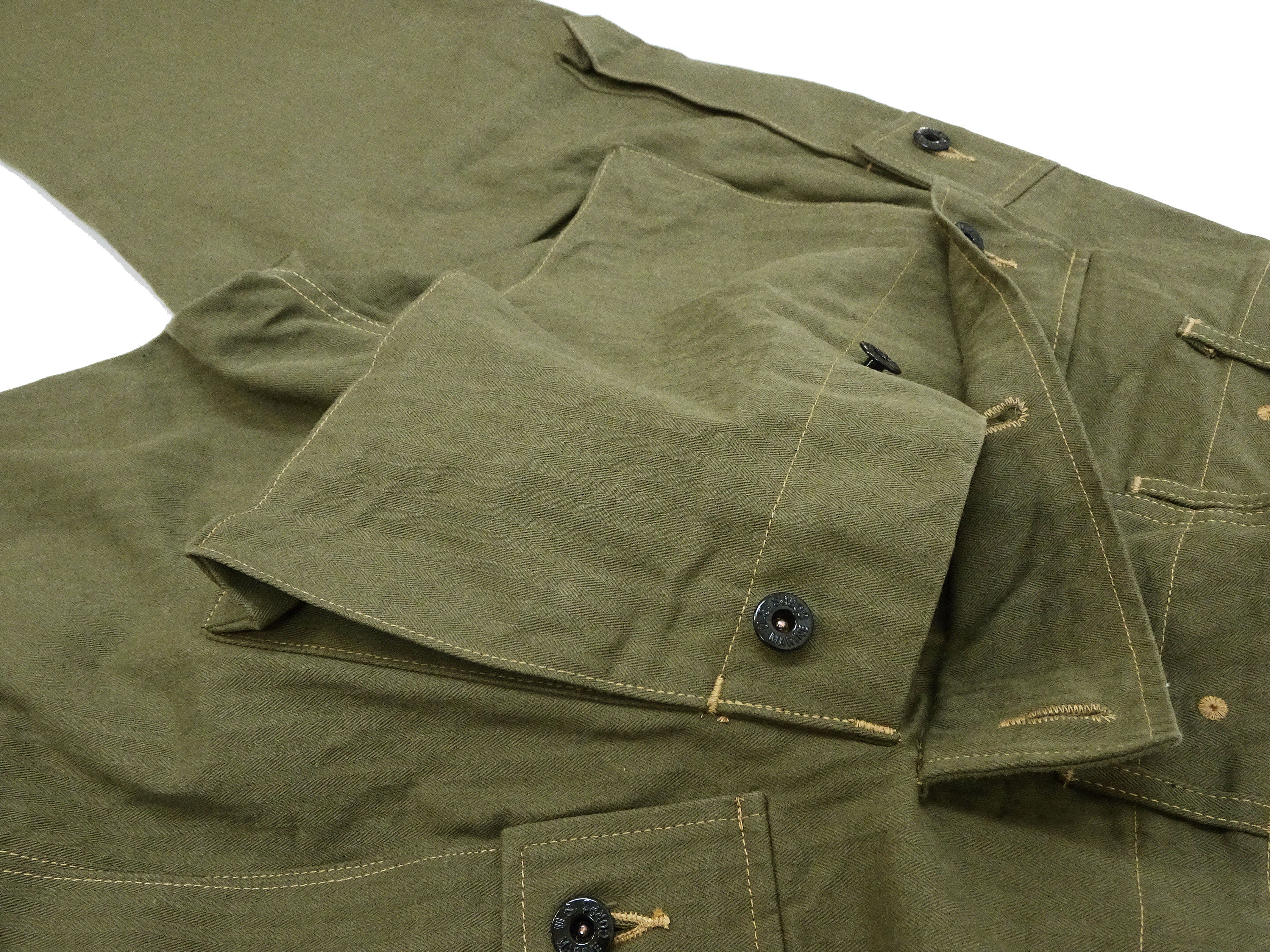 Buzz Rickson USMC P44 Combat Cargo Pants - Men's Herringbone Twill (HBT) Military Trousers BR42501 in Olive Green | Durable Tactical Pants for Outdoor, Hiking & Workwear