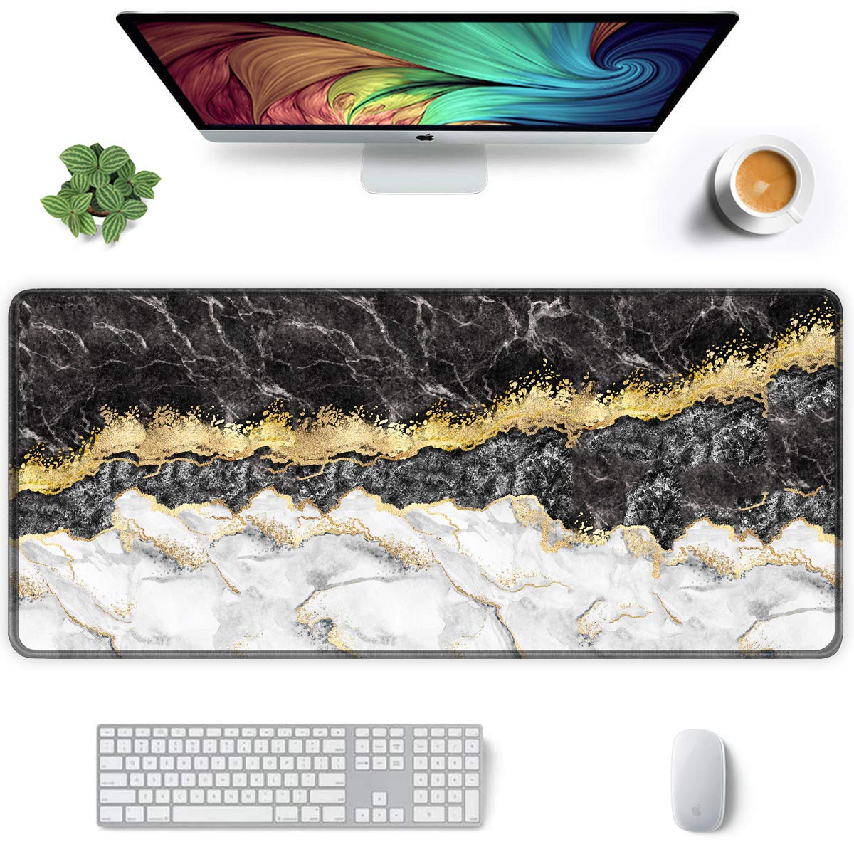Auhoahsil XXL Gaming Mouse Pad - 35.5 x 15.7 Inch Large Extended Mouse Mat with Non-Slip Base & Stitched Edges for Computer, Laptop, Keyboard - Black White Gold Marble Design | Perfect for Office Work, PC Gaming & Home Desk Setup