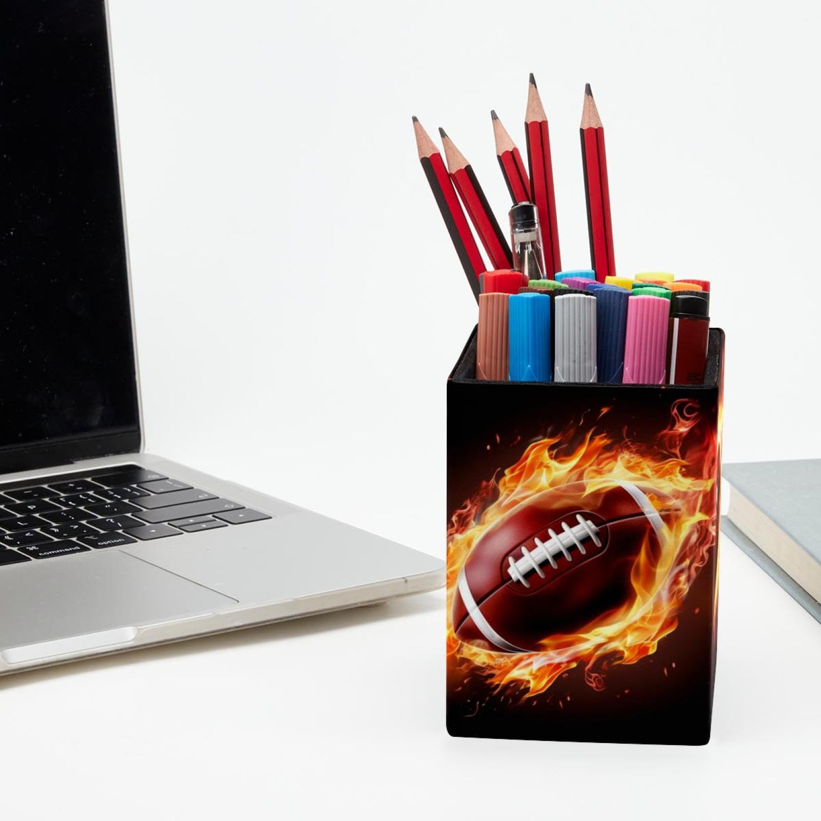 Desk Pen Holder & Pencil Organizer - American Football & Fire Design Office Supplies for Home, School, and Workplace Organization