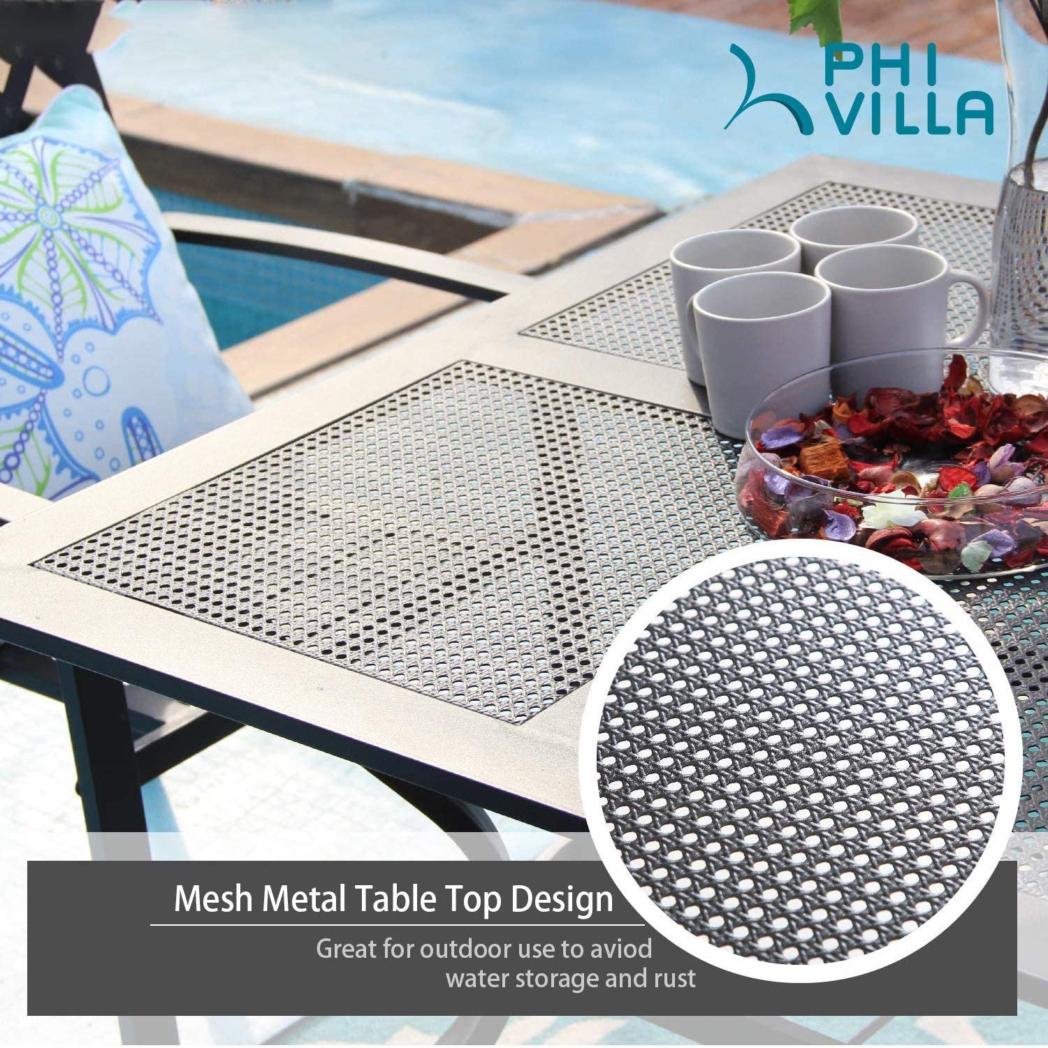 PHI VILLA 5-Piece Outdoor Dining Set - 4 Metal Patio Chairs & 1 Rectangular Umbrella Table - Durable Bistro Furniture for Backyard, Garden, Poolside & Restaurant Outdoor Seating