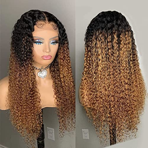 Ombre Kinky Curly 13x4 Lace Front Wig for Black Women - 150% Density Brazilian Human Hair Wig in 1B30 Brown with Baby Hair | 10 Inch V-Part Lace Wig for Daily Wear, Parties & Special Occasions