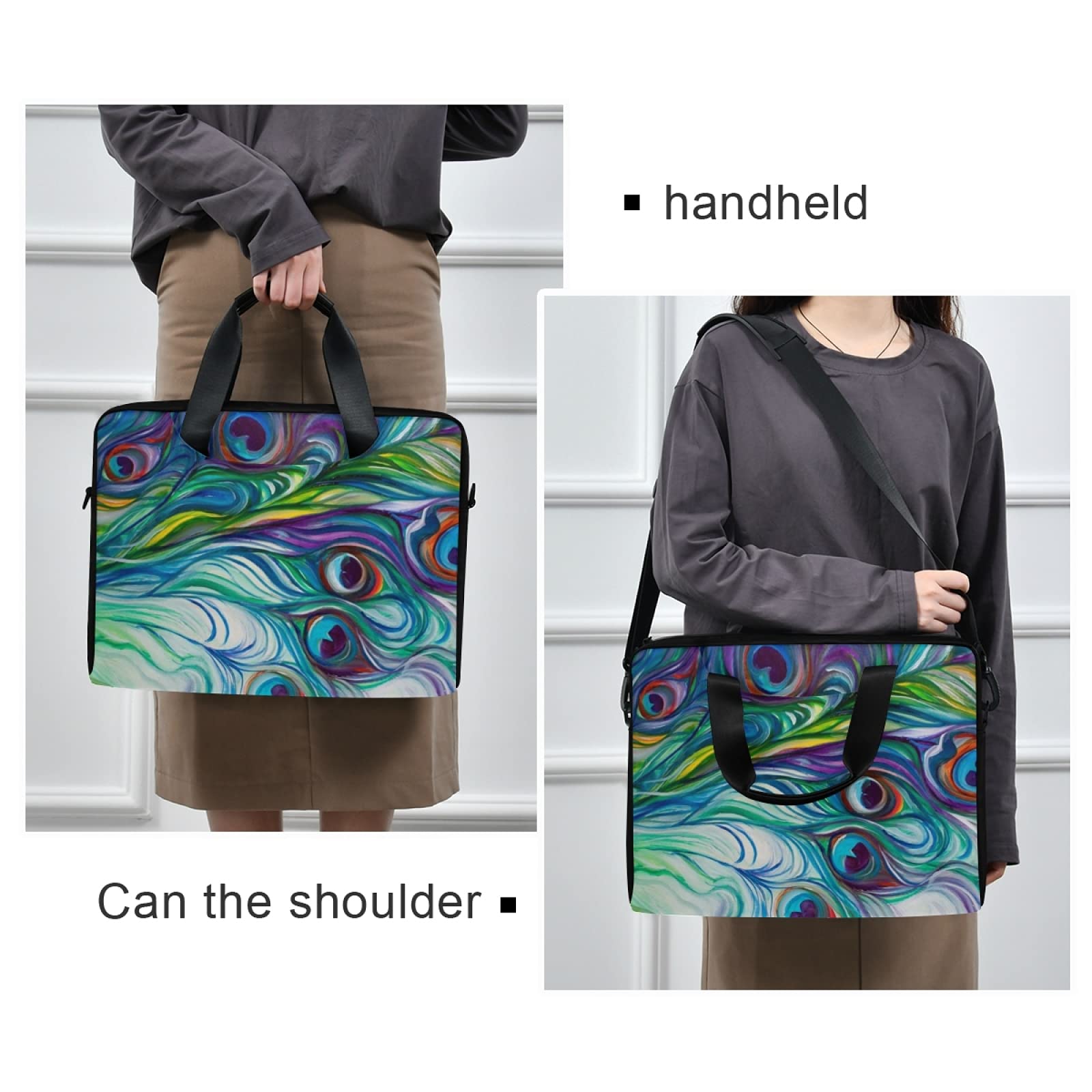 Stylish Peacock Feather Print Laptop Messenger Bag - 13 14 15.6 Inch Crossbody Briefcase with Adjustable Shoulder Strap for Men & Women - Perfect for Work, School, Travel & Business Meetings