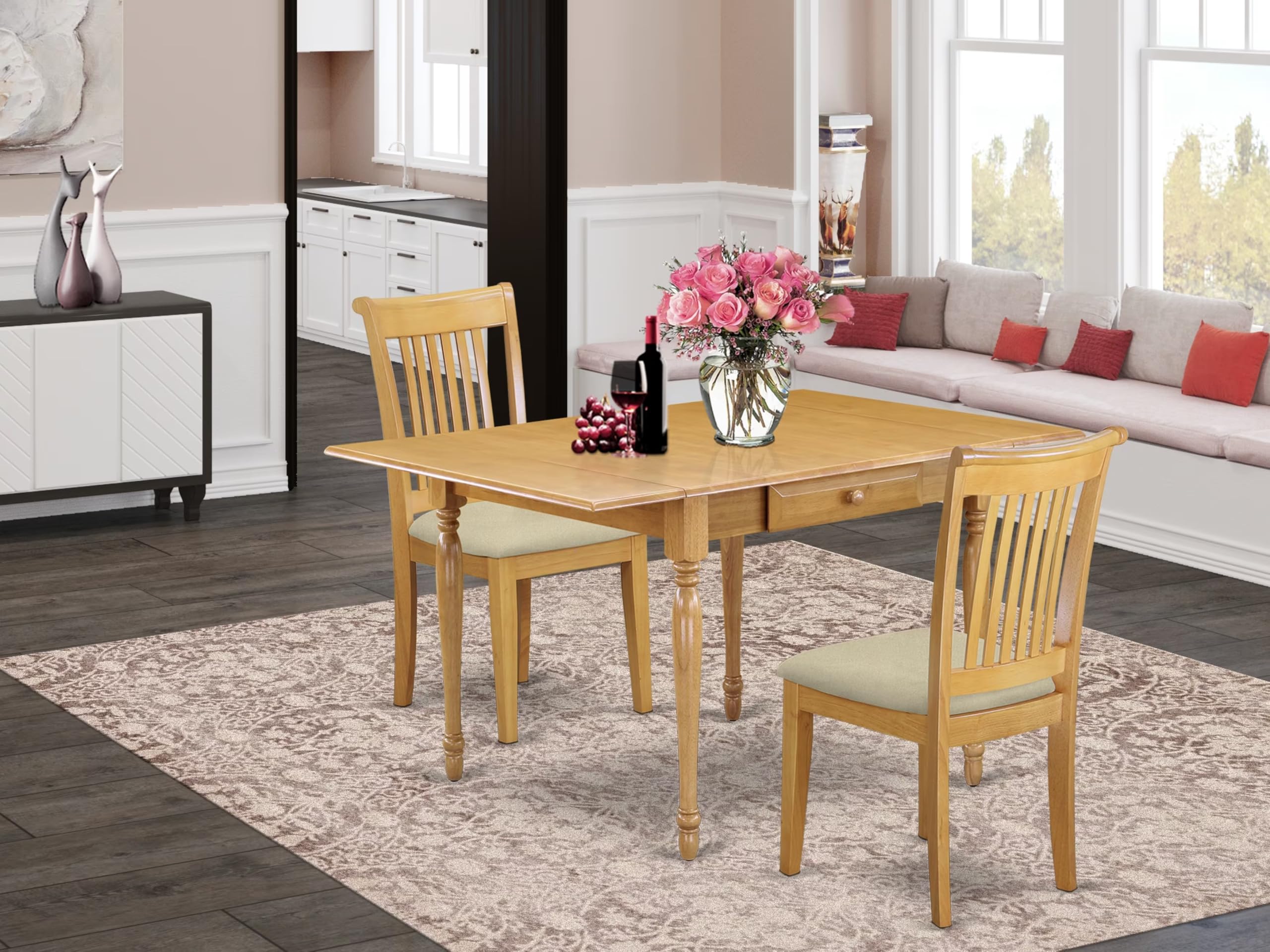 East West Furniture MZPO3-OAK-C 3-Piece Oak Kitchen Table Set with Drop-Leaf Dining Table & 2 Linen Upholstered Chairs, 36x54 Inch - Perfect for Small Spaces, Apartments, Breakfast Nooks & Cozy Dining Areas