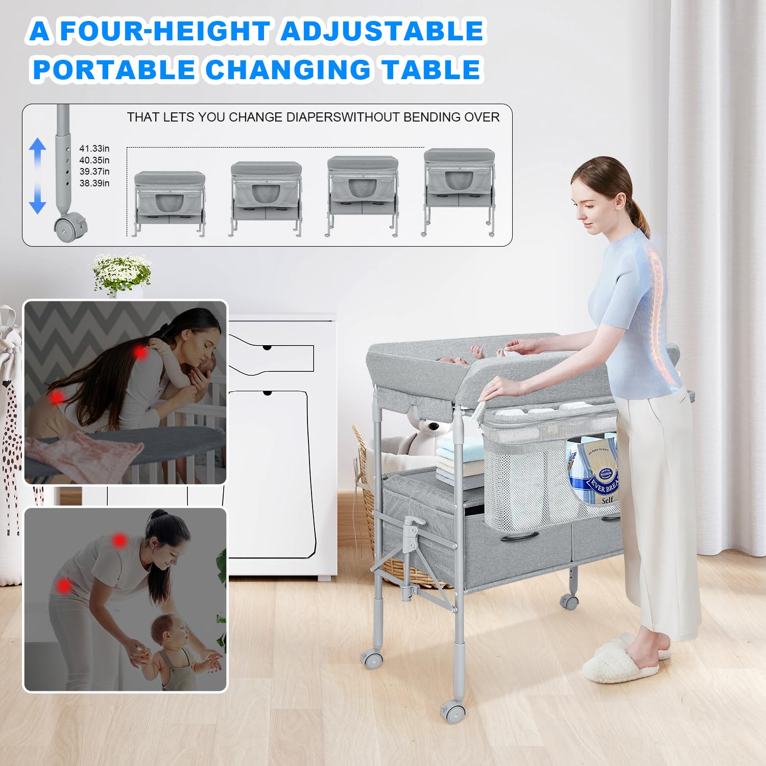 Portable Baby Changing Table with 2 Storage Baskets - Adjustable Height Waterproof Diaper Changing Station for Nursery, Travel & Home Use - Folding Mobile Changing Table for Newborns & Infants