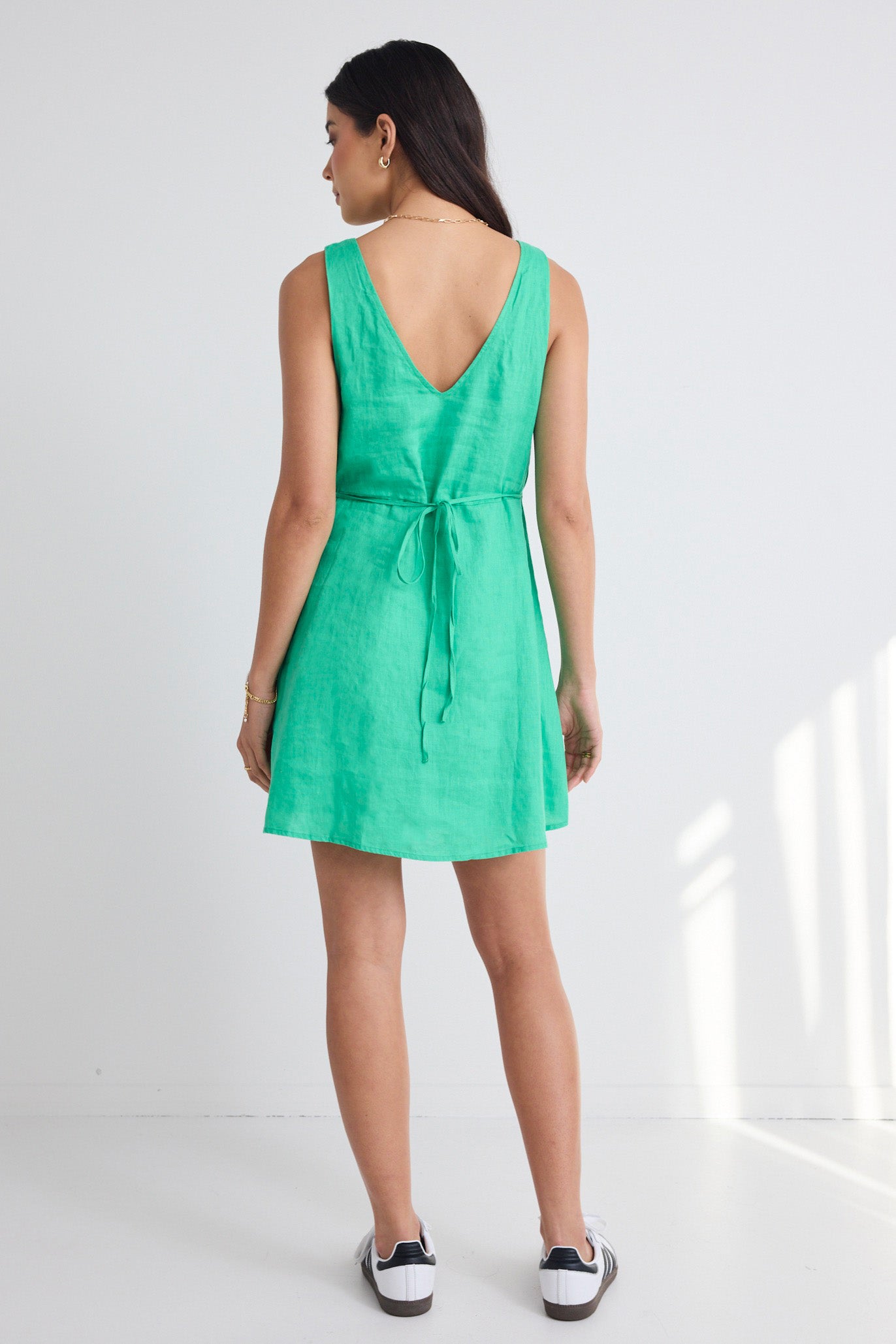 Allora Meadow Green Linen Sleeveless Button Front Mini Dress - Summer Casual Dress for Women, Perfect for Beach Vacation, Garden Party & Date Night
